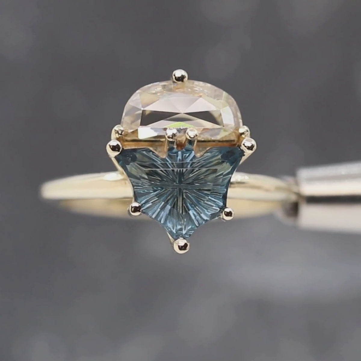 Bat Ring with a Fantasy Cut Topaz and Half Moon Diamond in 14k Yellow Gold - Ready to Size and Ship