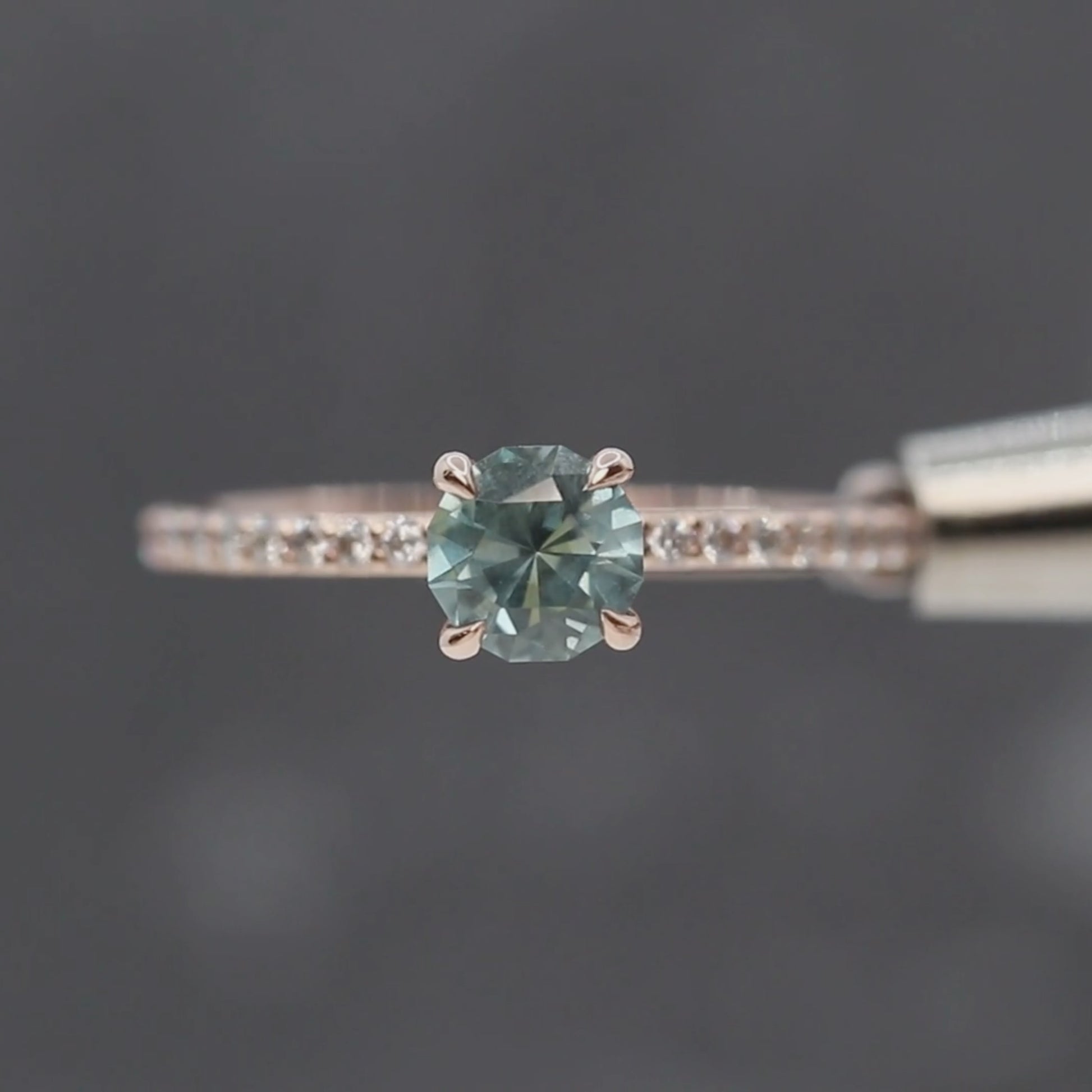 Gayle Ring with a 1.03 Carat Round Blue Montana Sapphire and White Accent Diamonds in 14k Rose Gold - Ready to Size and Ship