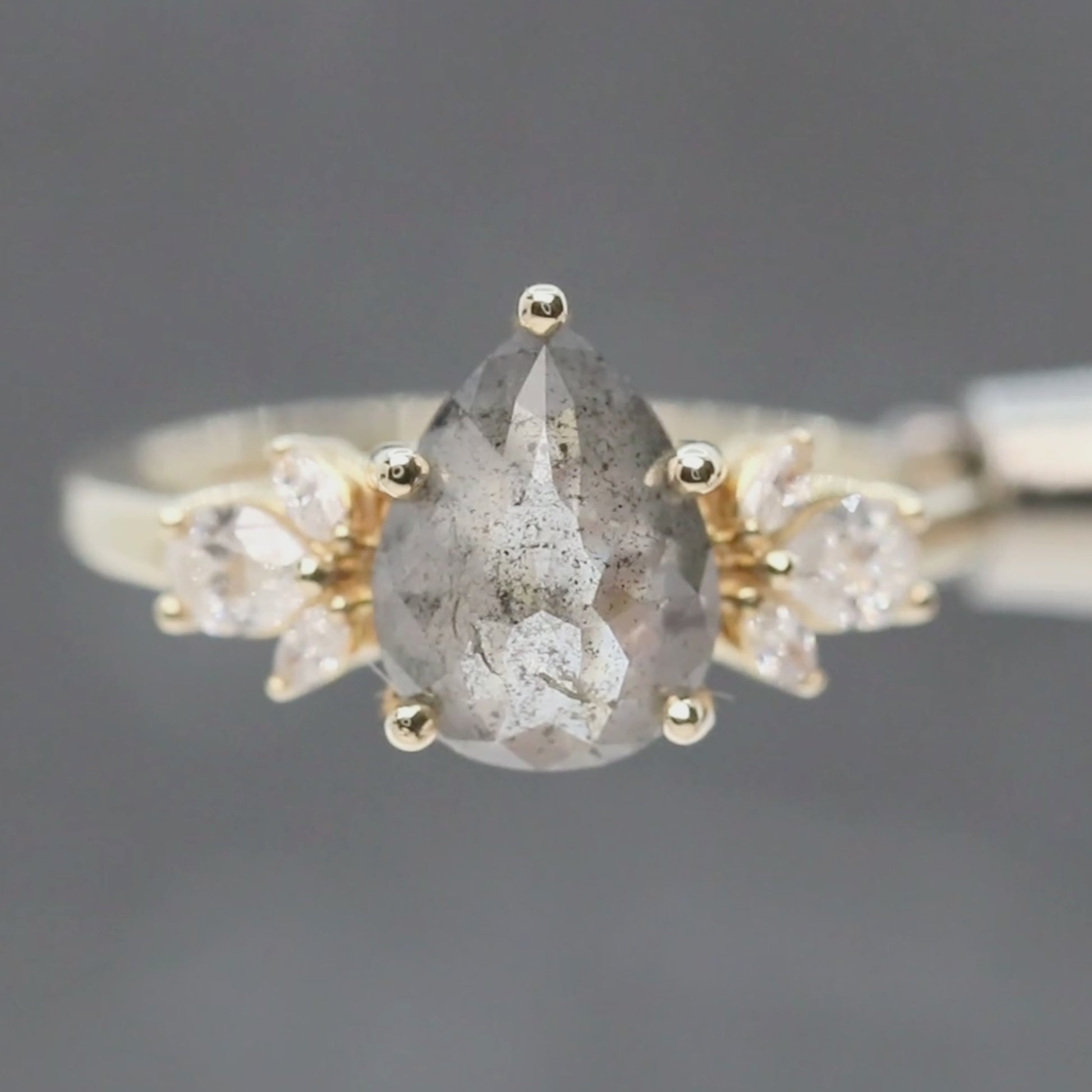 Kendra Ring with a 2.06 Carat Dark and Clear Pear Diamond and White Accent Diamonds in 14k Yellow Gold - Ready to Size and Ship