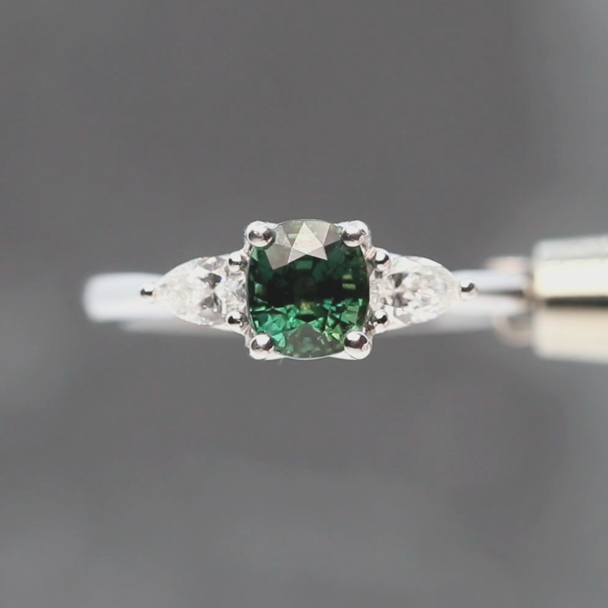 Oleander Ring with a 1.03 Carat Dark Teal Cushion Cut Madagascar Sapphire and White Accent Diamonds in 14k White Gold - Ready to Size and Ship