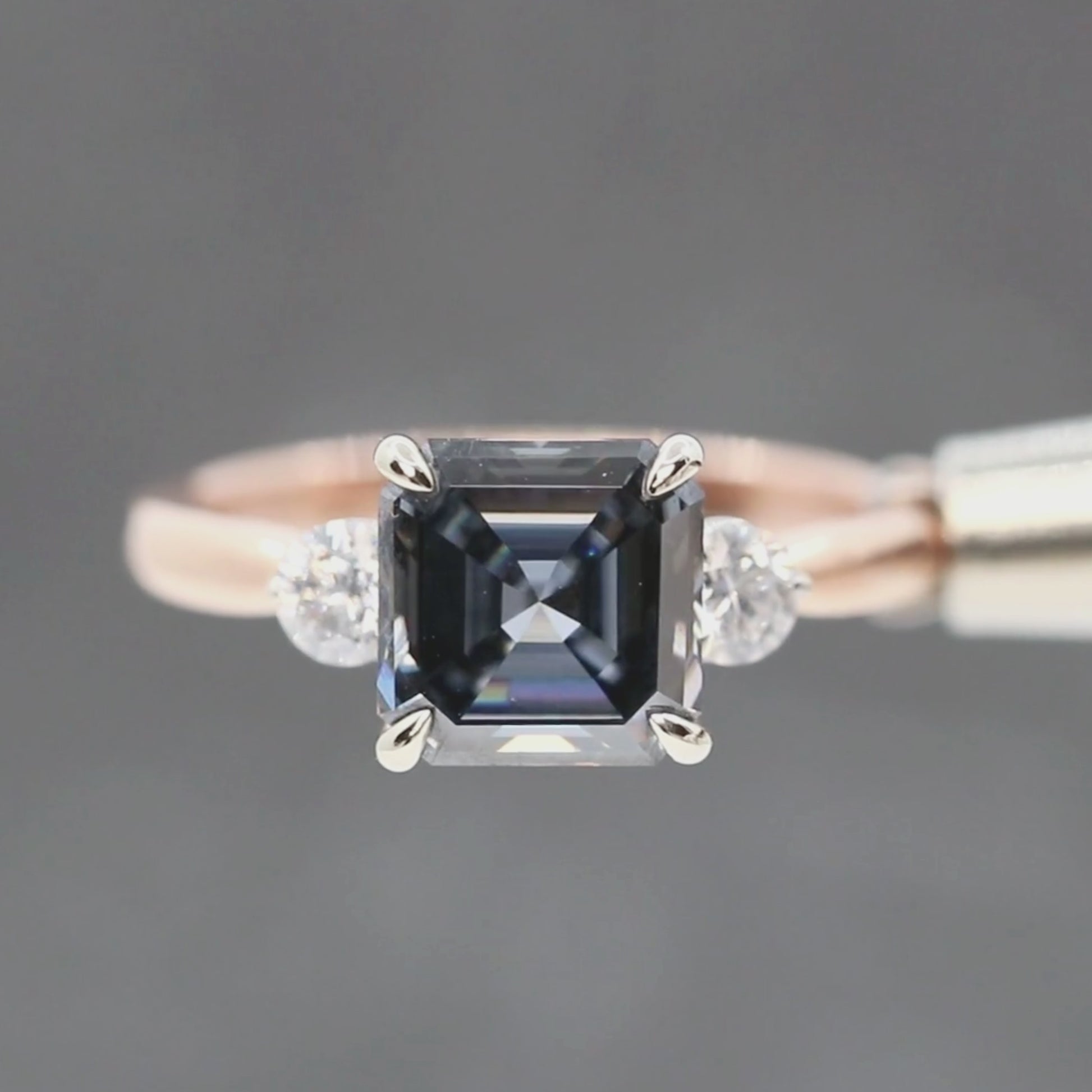 Olive Ring with a 2.50 Carat Asscher Cut Gray Moissanite and Moissanite Accents in 14k White & Rose Gold - Ready to Size and Ship