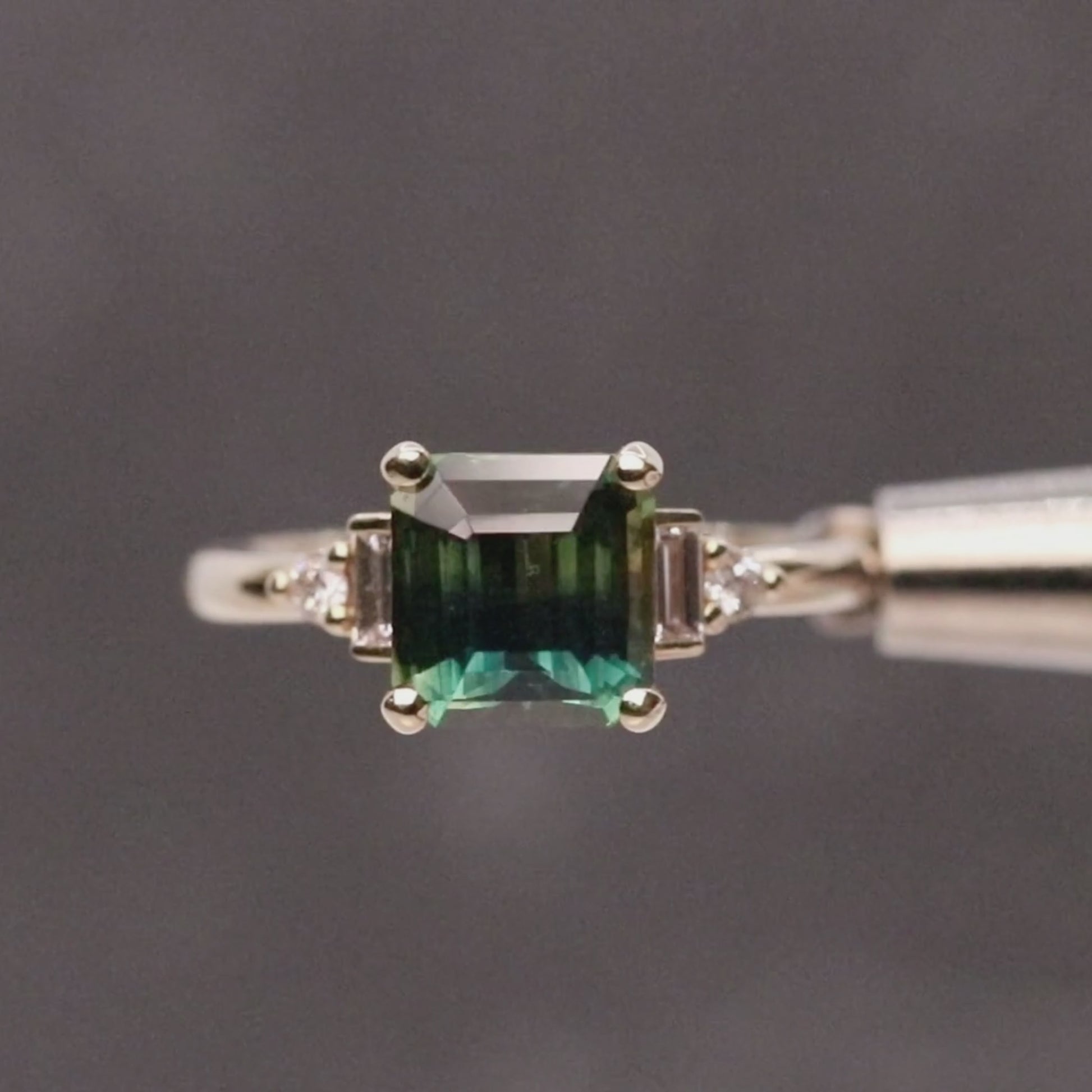 Iris Ring with a 2.75 Carat Asscher Cut Teal Sapphire and White Accent Diamonds in 14k Yellow Gold - Ready to Size and Ship