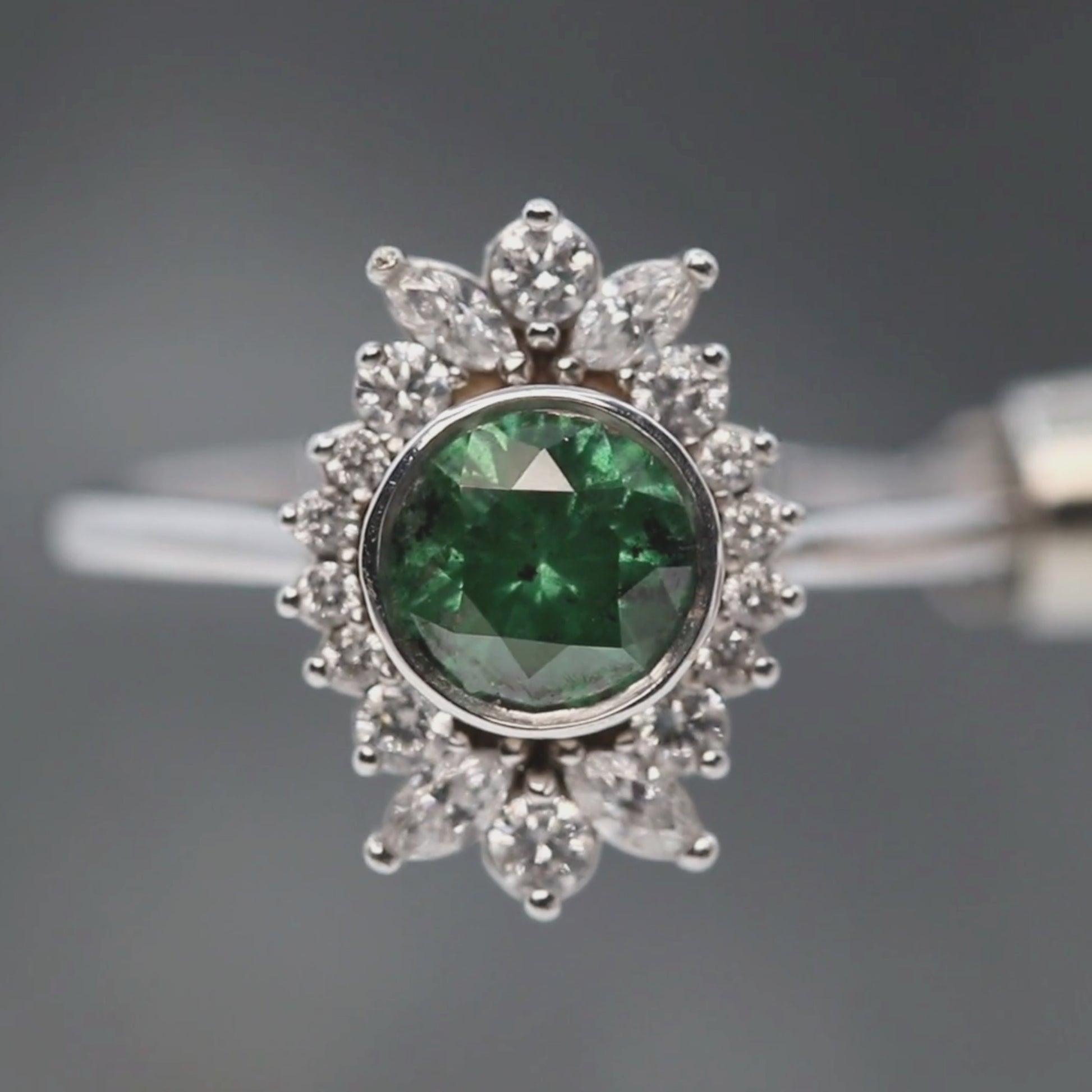 Juliette Ring with a 0.83 Carat Round Green Diamond and White Accent Diamonds in 14k White Gold - Ready to Size and Ship