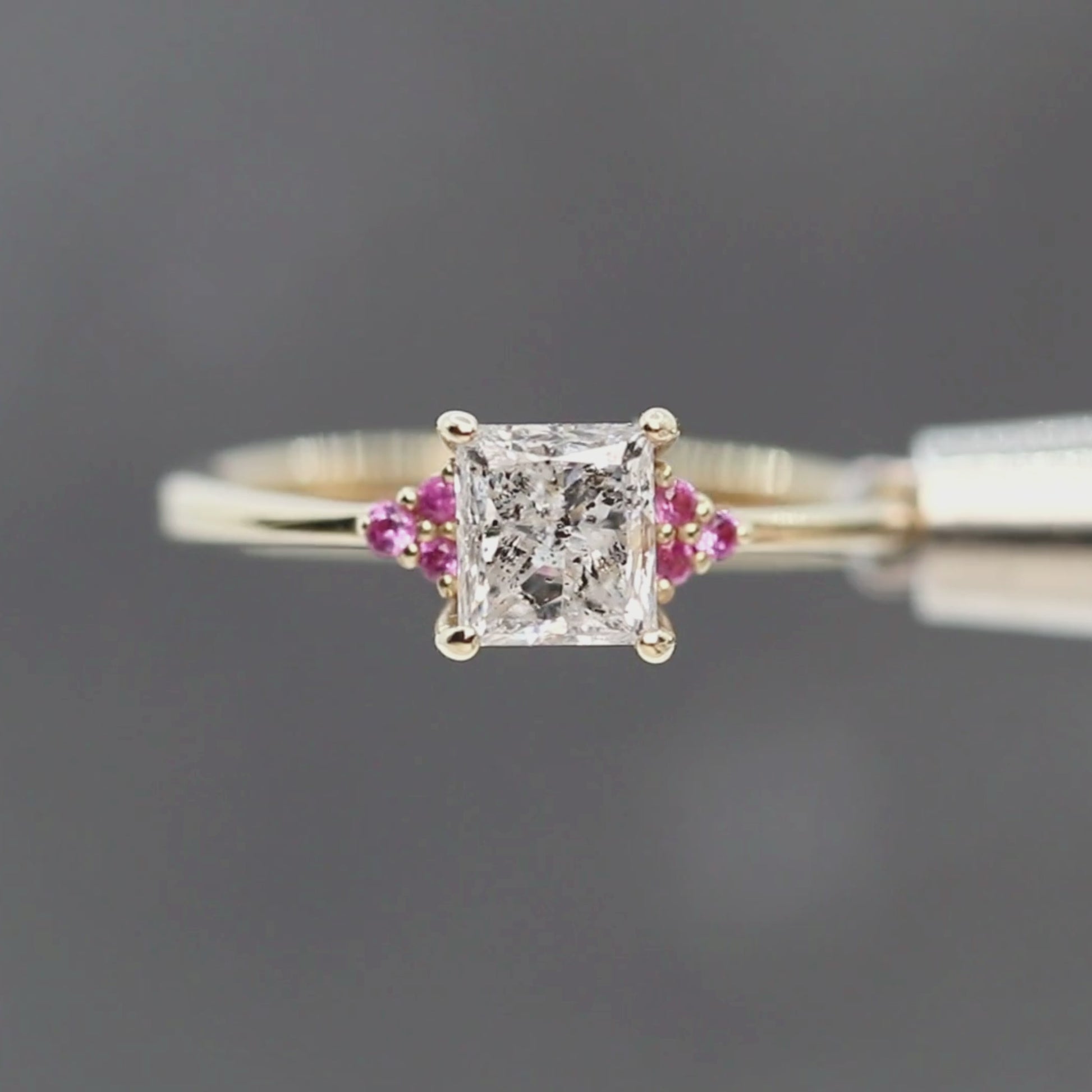 Imogene Ring with a 1.25 Carat Princess Cut Salt and Pepper Diamond and Pink Accent Sapphires in 14k Yellow Gold - Ready to Size and Ship