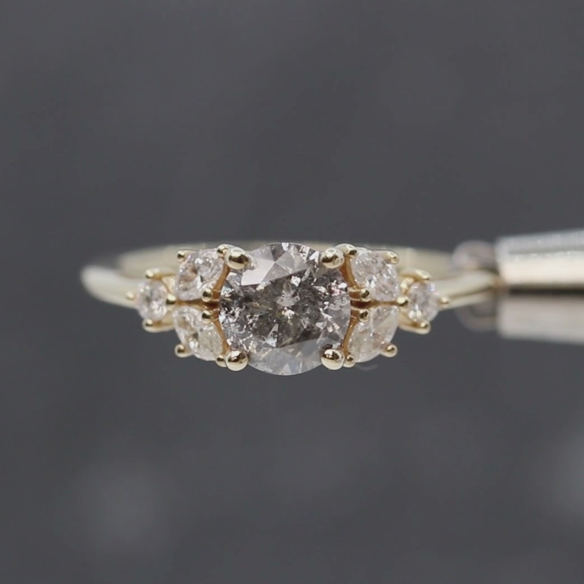 Andia Ring with a 1.10 Carat Round Gray Salt and Pepper Diamond and White Accent Diamonds in 14k Yellow Gold - Ready to Size and Ship