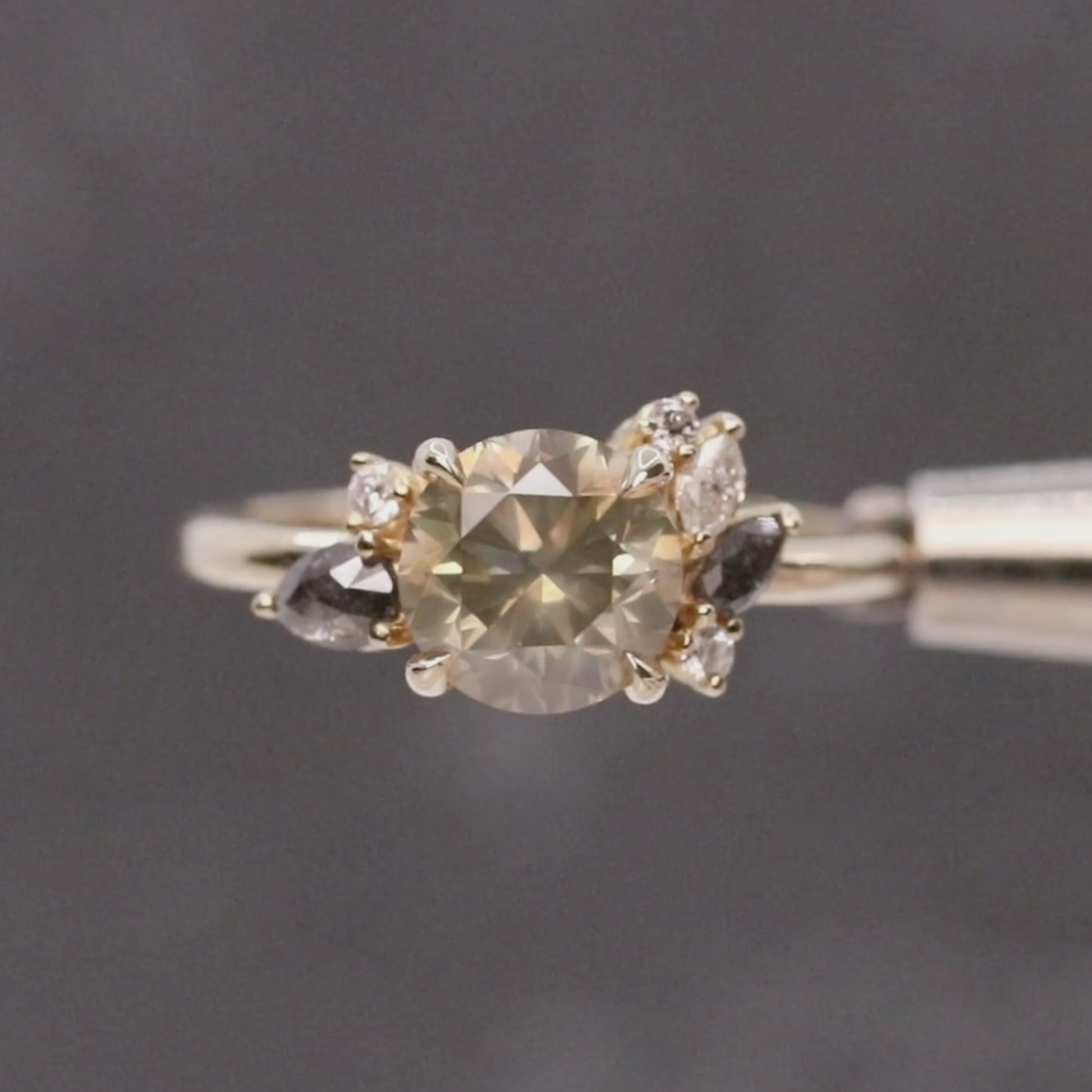 Polaris Ring with a 2.25 Carat Round Champagne Diamond and White and Gray Accent Diamonds in 14k Yellow Gold - Ready to Size and Ship