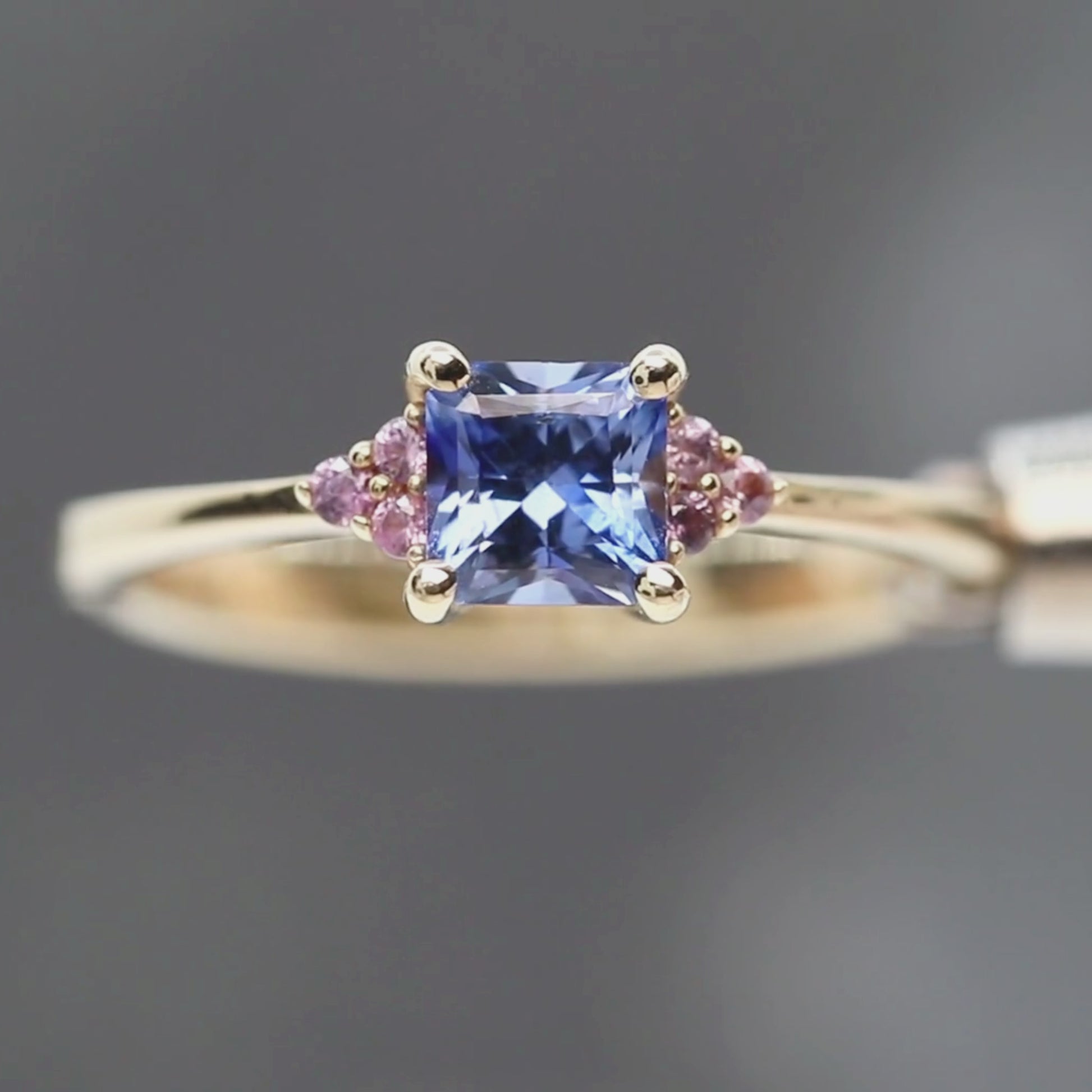 Imogene Ring with a 0.78 Carat Blue Radiant Princess Cut Sapphire and Berry Sapphire Accents in 14k Yellow Gold - Ready to Size and Ship