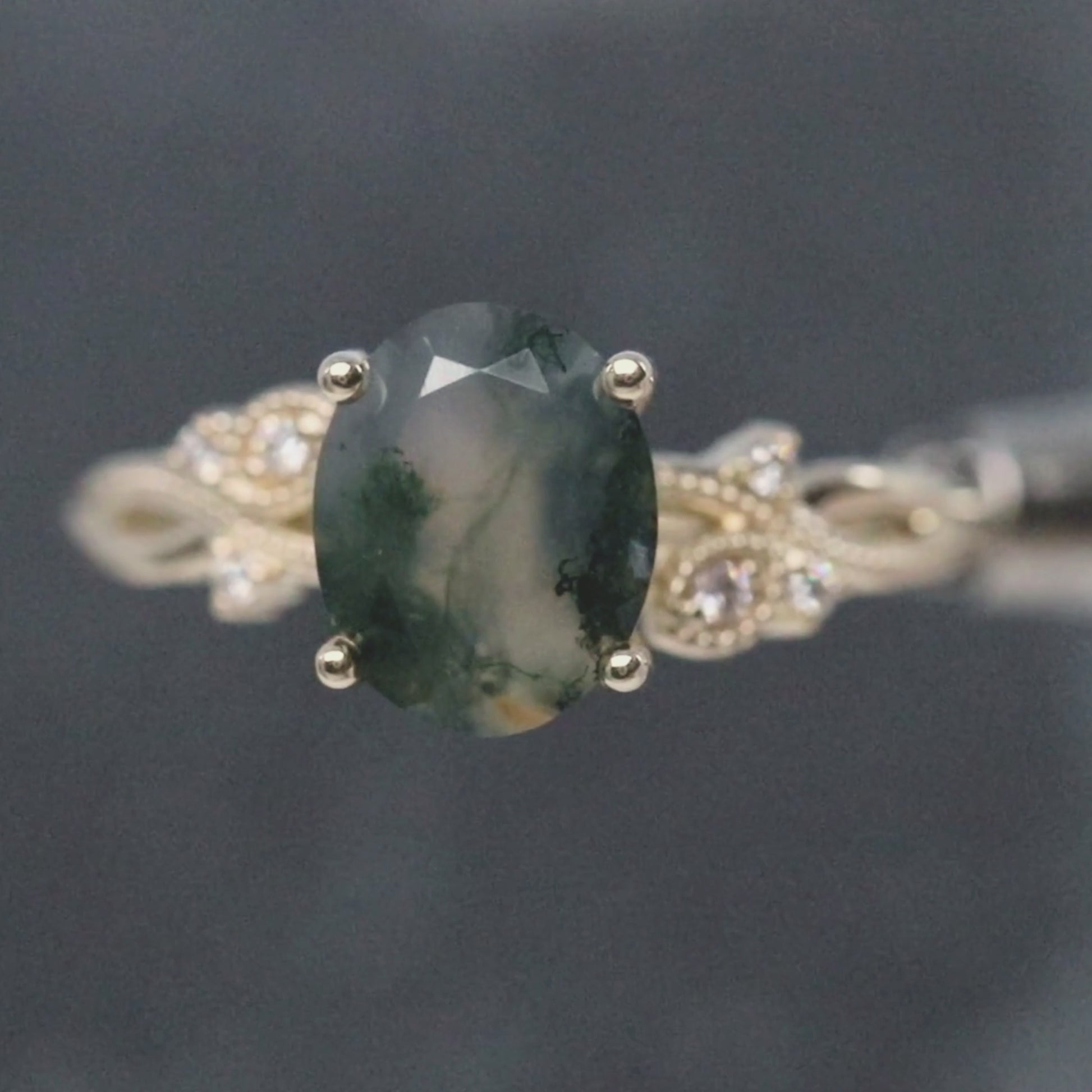 Jasmine Ring with an Oval Moss Agate and White Accent Diamonds - Made to Order