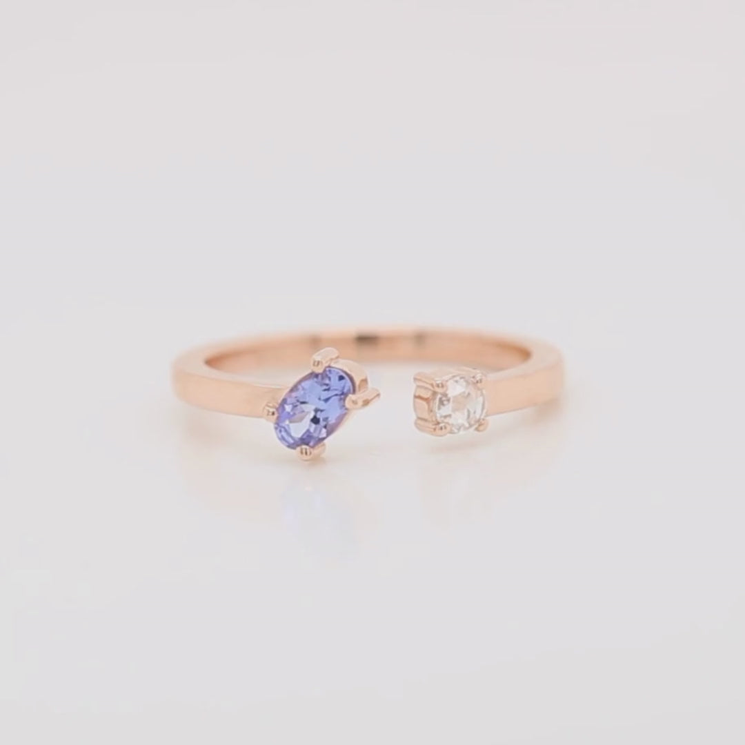 Karl Ring with an Oval Tanzanite & Clear Round Diamond - Made to Order, Choose Your Gold Tone