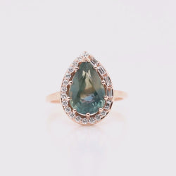 Collins Ring with a 6.21 Carat Teal Pear Sapphire and White Accent Diamonds in 14k Rose Gold - Ready to Size and Ship