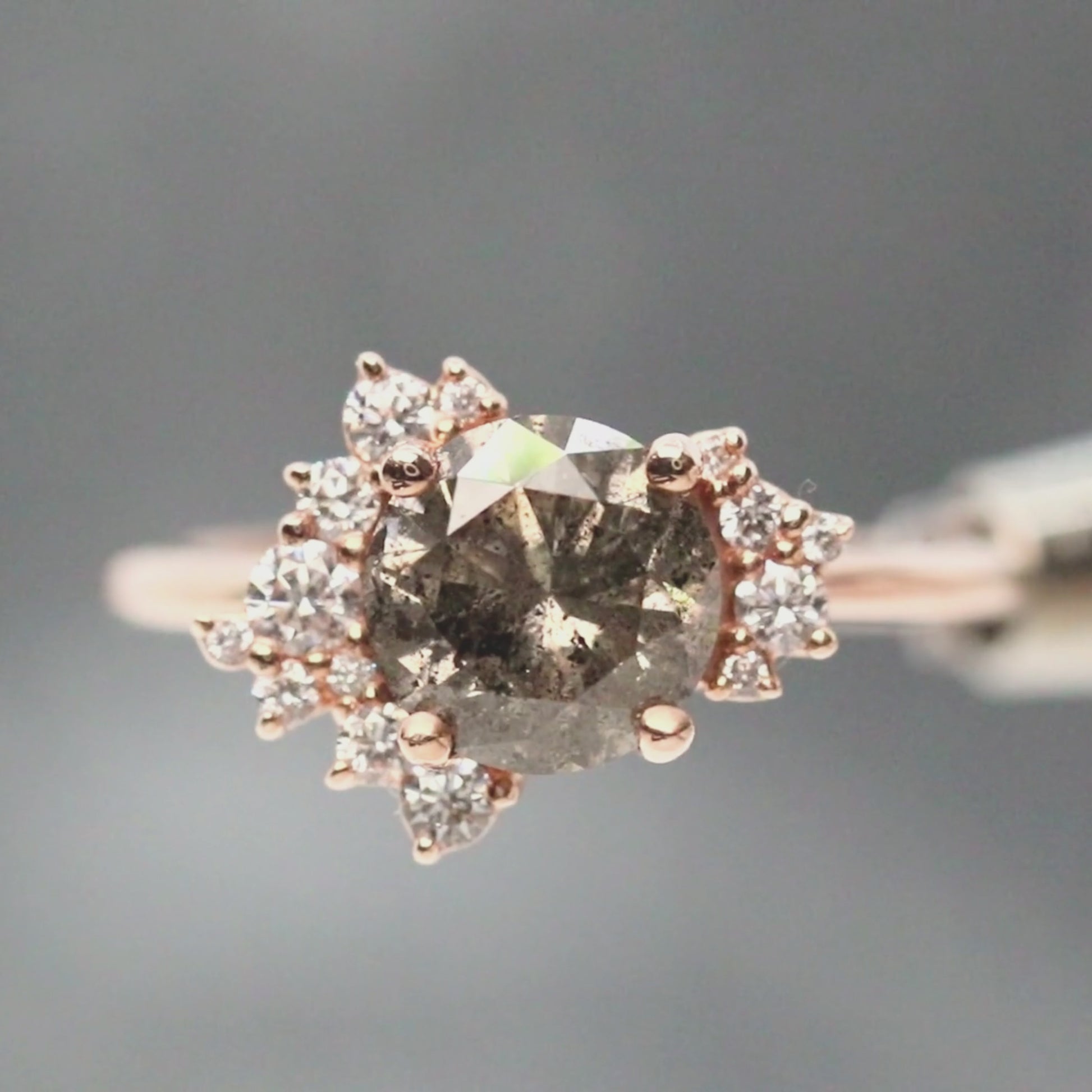 Orion Ring with a 1.81 Carat Round Champagne Salt and Pepper Diamond and White Accent Diamonds in 14k Rose Gold - Ready to Size and Ship