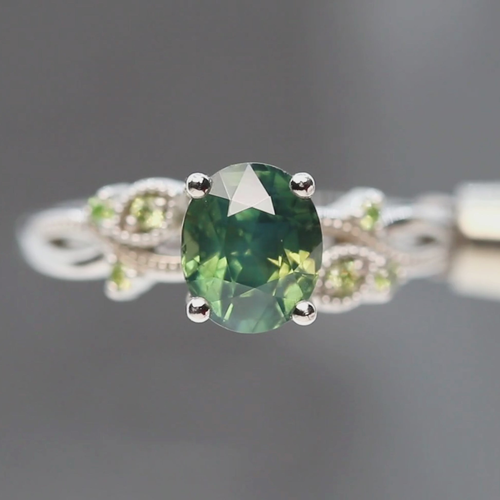 Jasmine Ring with a 2.18 Carat Oval Green Sapphire and Apple Green Diamond Accents in Platinum - Ready to Size and Ship
