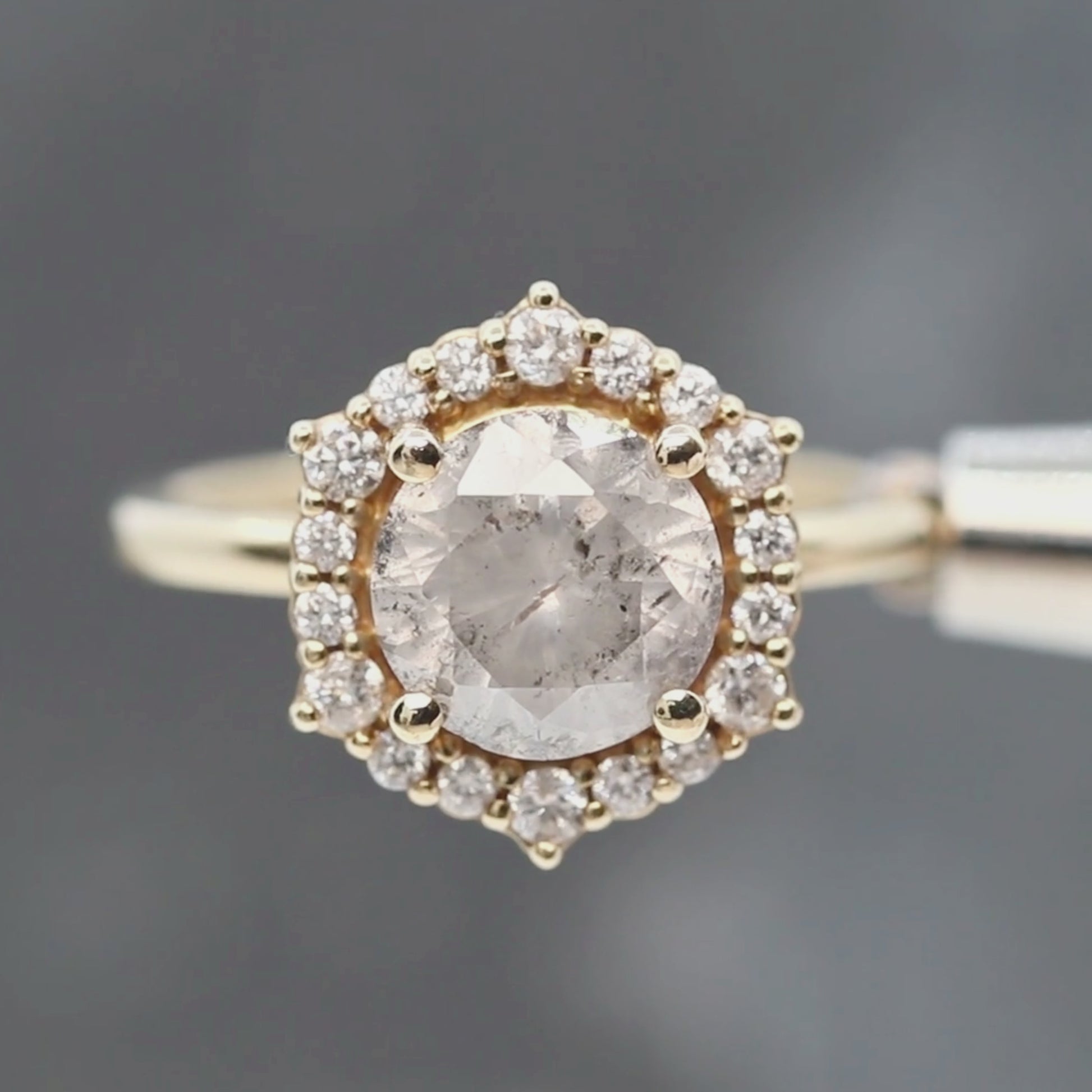 Stella Ring with a 2.44 Carat Round Light Gray Salt and Pepper Diamond and White Accent Diamonds in 10k Yellow Gold - Ready to Size and Ship