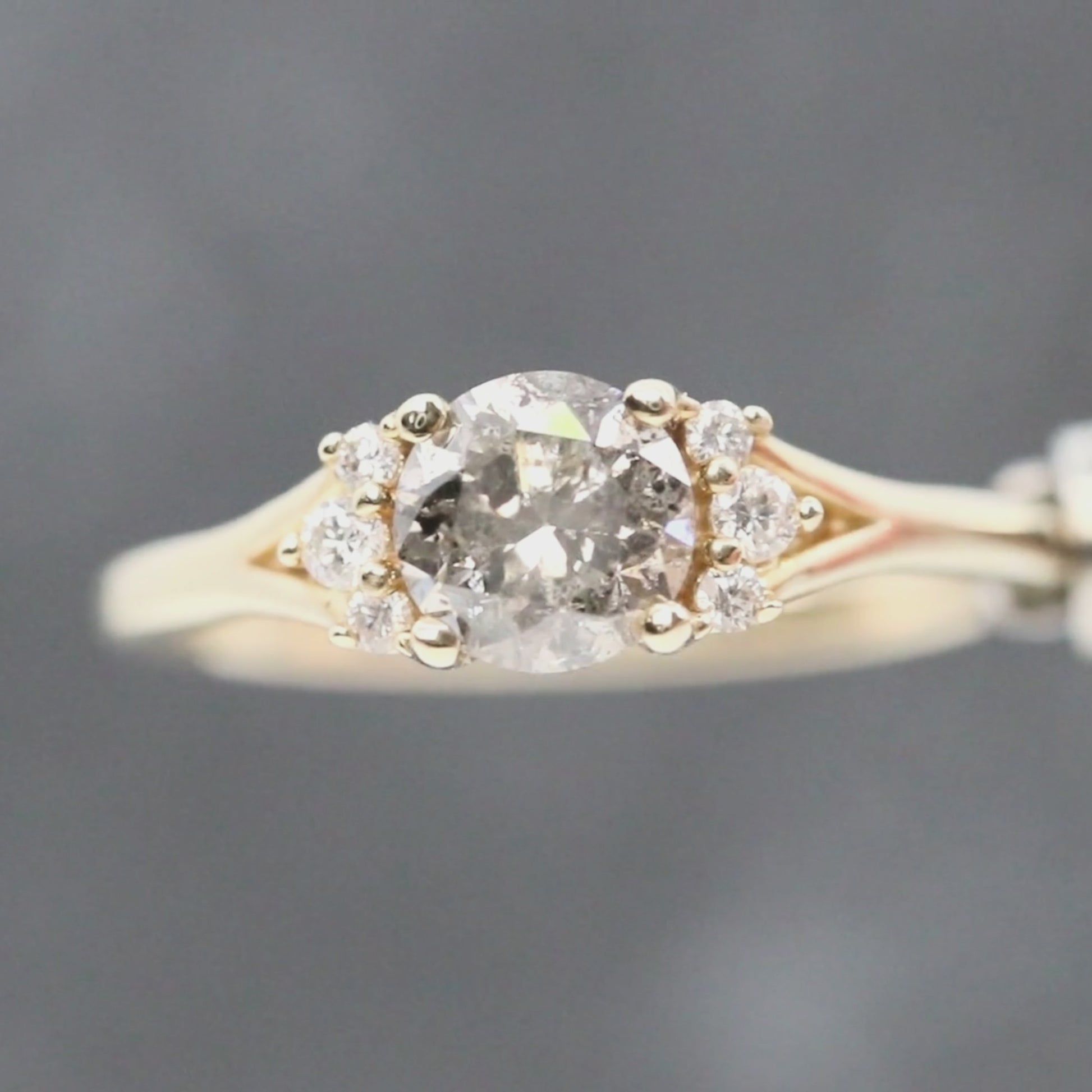Evie Ring with a 1.05 Carat Round Gray Diamond and White Accent Diamonds in 10k Yellow Gold - Ready to Size and Ship
