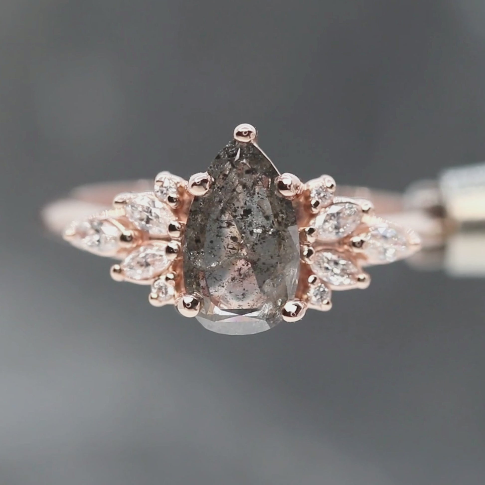 Odette Ring with a 1.05 Carat Pear Salt and Pepper Diamond and White Accent Diamonds in 14k Rose Gold - Ready to Size and Ship