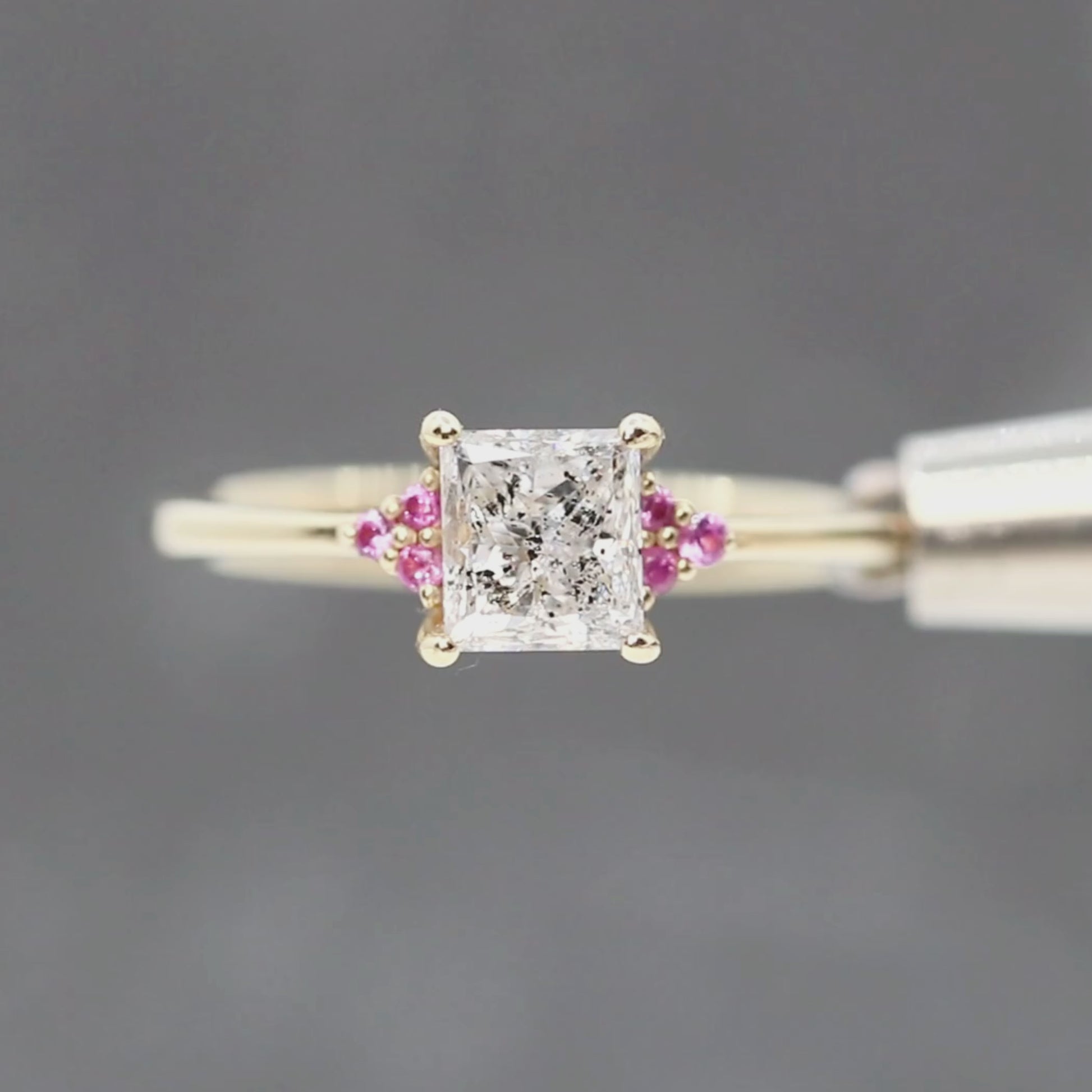Imogene Ring with a 1.25 Carat Princess Cut Salt and Pepper Diamond and Pink Accent Sapphires in 14k Yellow Gold - Ready to Size and Ship