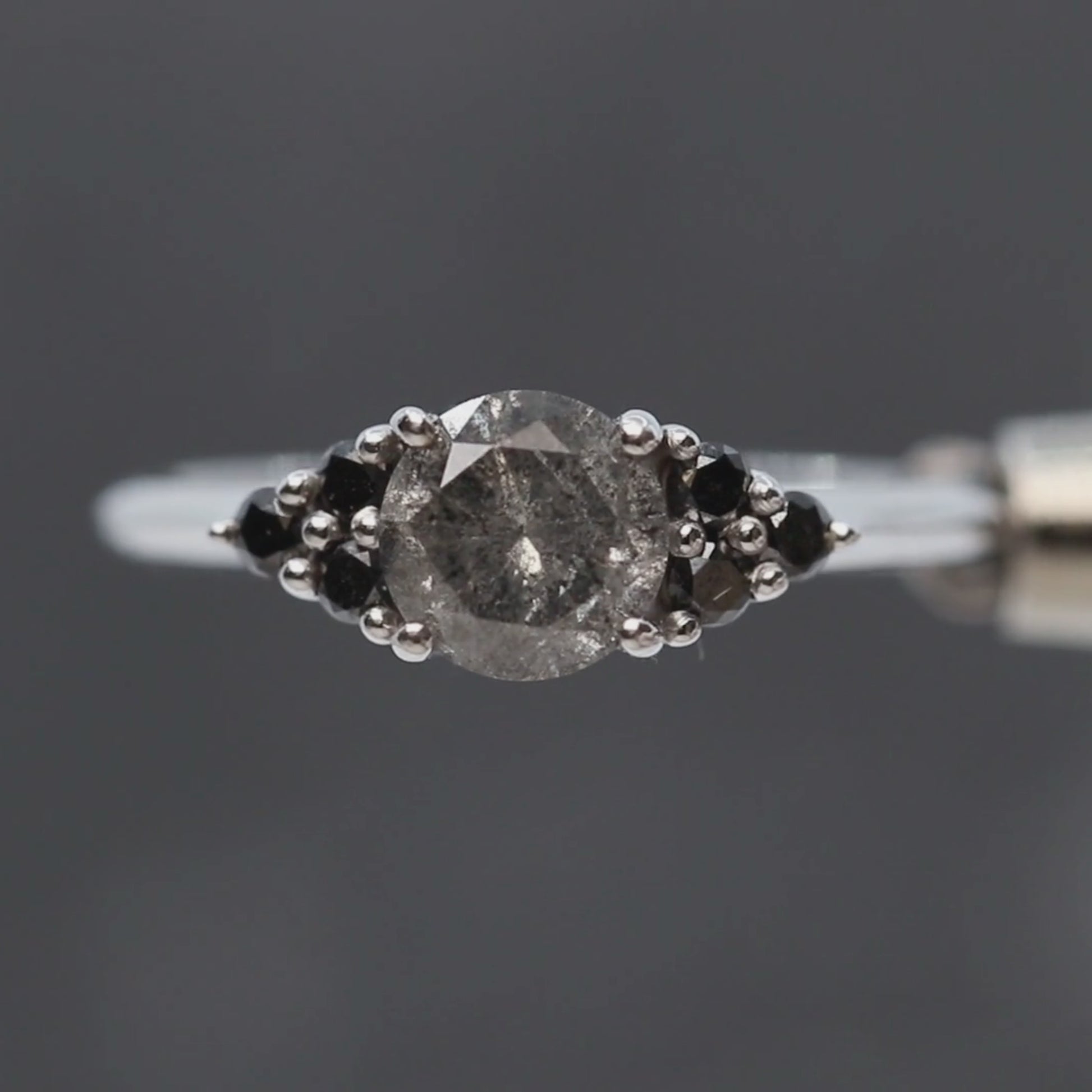Aster Ring with a 1.10 Carat Round Dark Gray Salt and Pepper Diamond and Black Accent Diamonds in 14k White Gold - Ready to Size and Ship