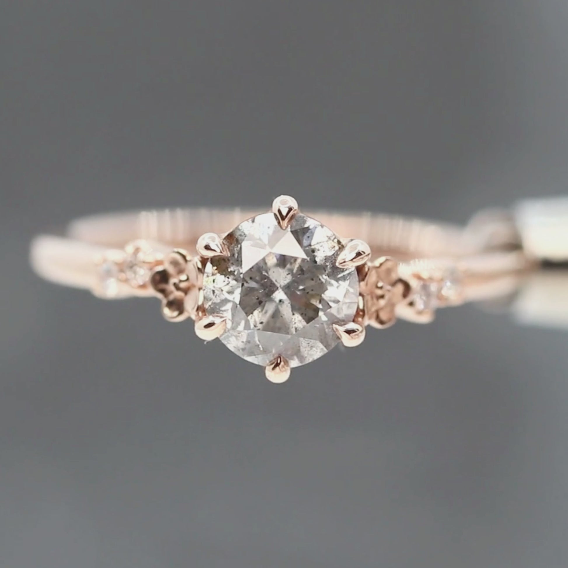 Meadow Ring with a 1.12 Carat Round Gray Salt and Pepper Diamond with White Accent Diamonds in 14k Rose Gold - Ready to Size and Ship