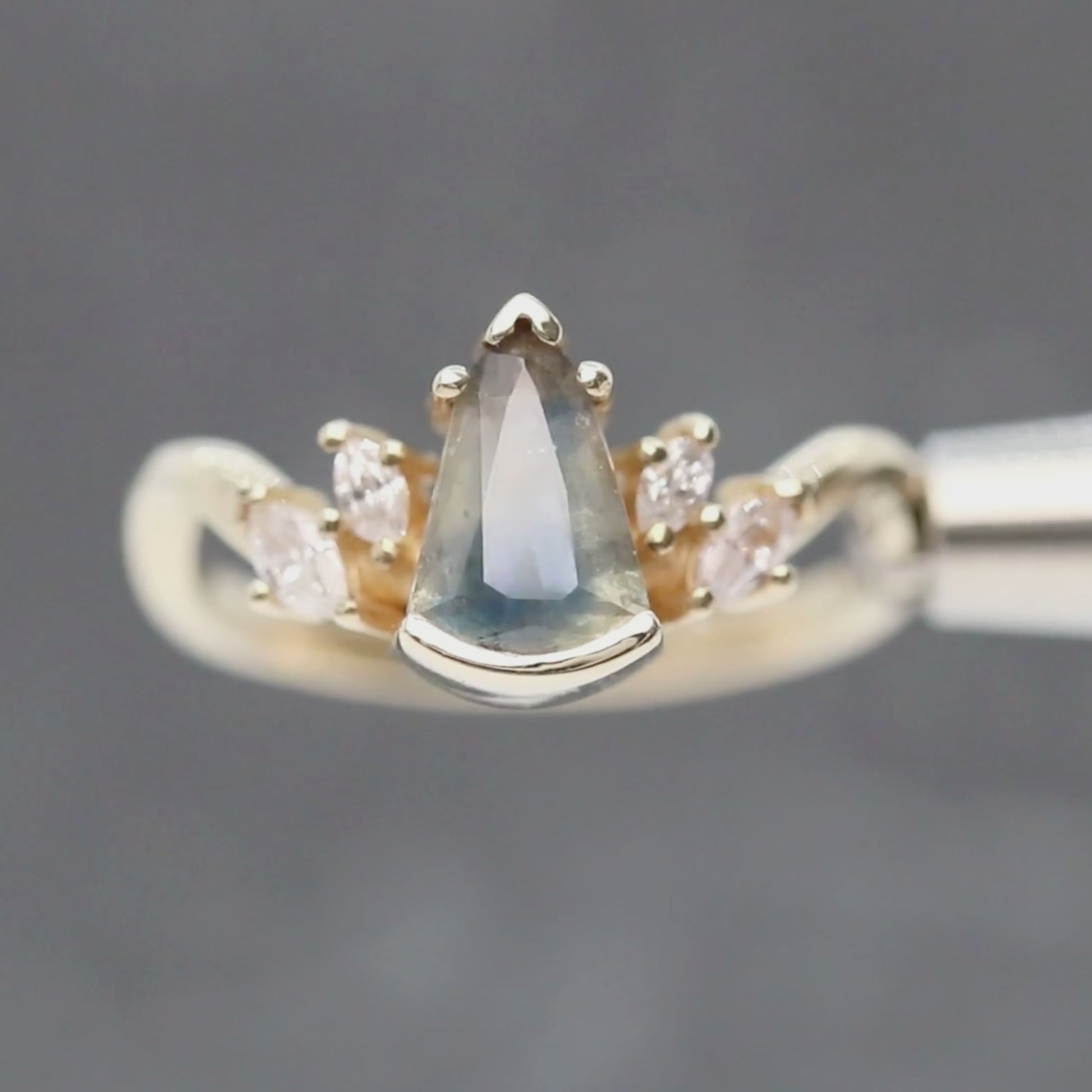 Freya Ring with a 1.21 Carat Misty Blue Shield Sapphire and White Accent Diamonds in 14k Yellow Gold - Ready to Size and Ship