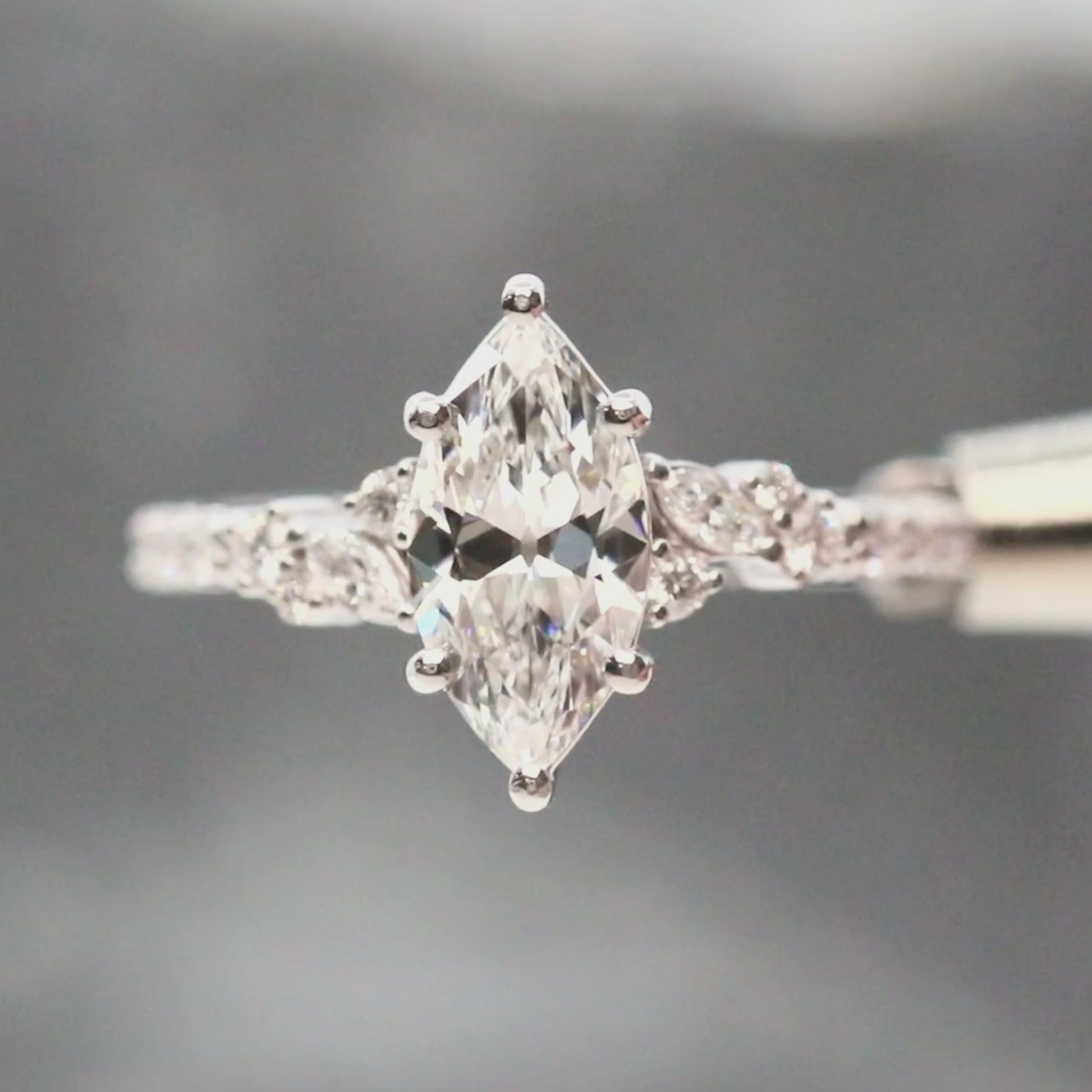 Elodie Ring with a 1.32 Carat Lab Grown Marquise Diamond and White Lab Grown Accent Diamonds in 14k White Gold - Ready to Size and Ship