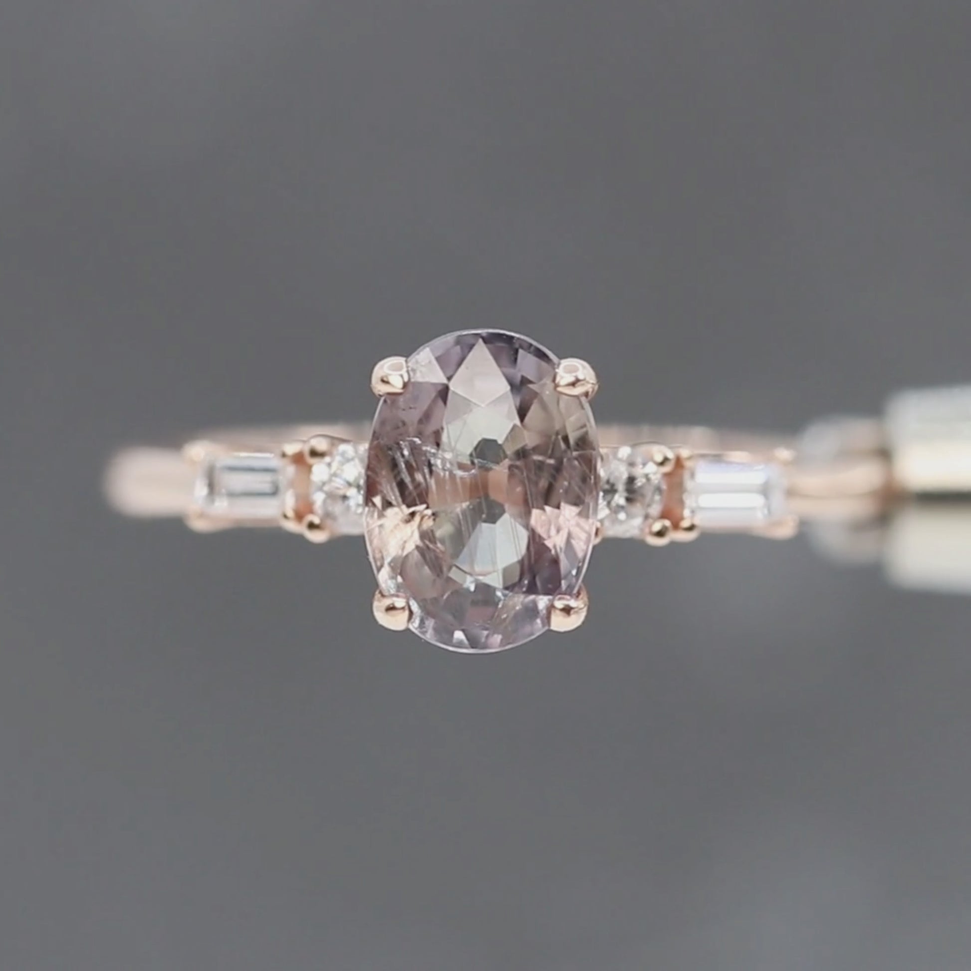 River Ring with a 1.74 Carat Oval Blush Pink Sapphire and White Accents Diamonds in 14k Rose Gold - Ready to Size and Ship