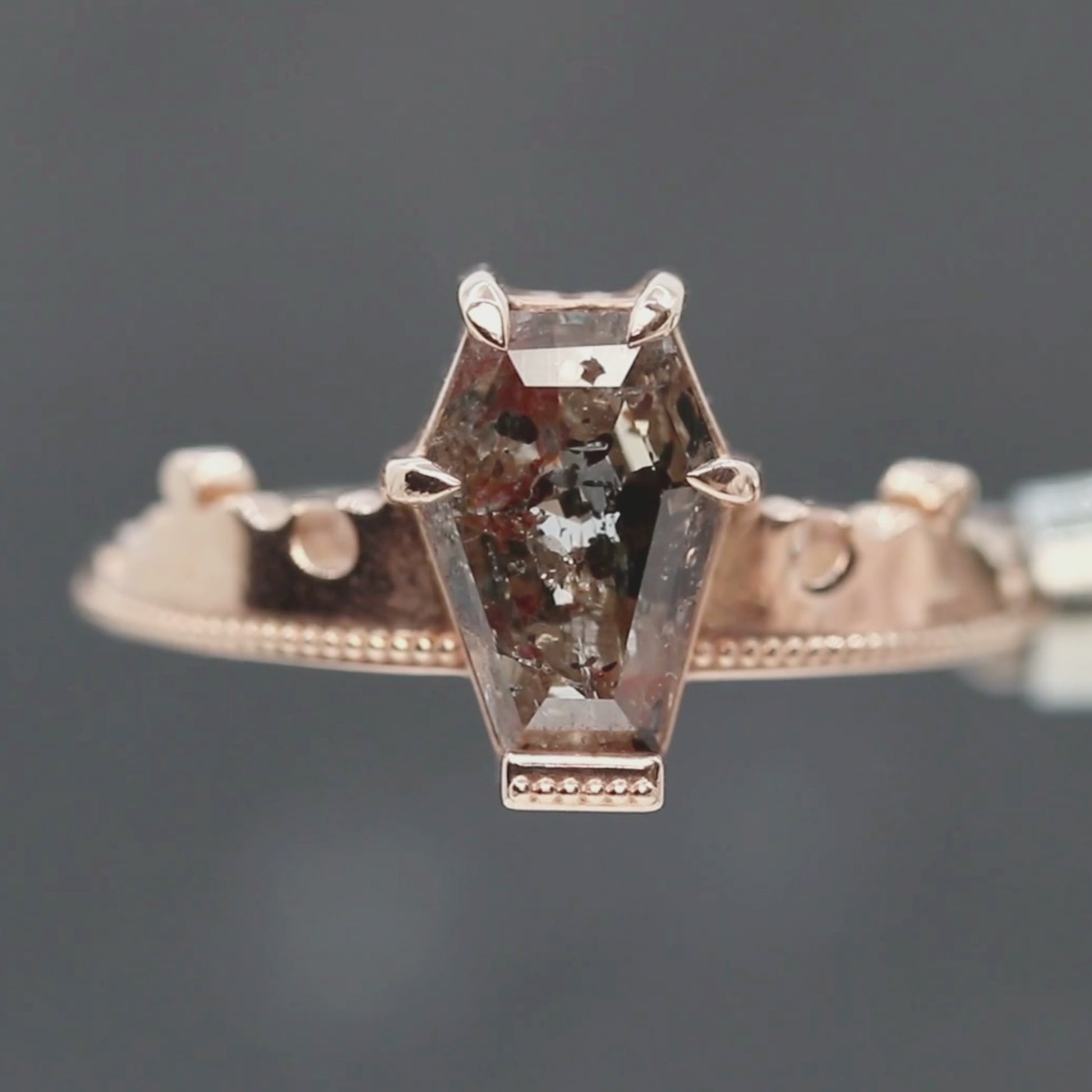 Azrael Ring with a 2.16 Carat Champagne Coffin Cut Salt and Pepper Diamond in 14k Rose Gold - Ready to Size and Ship