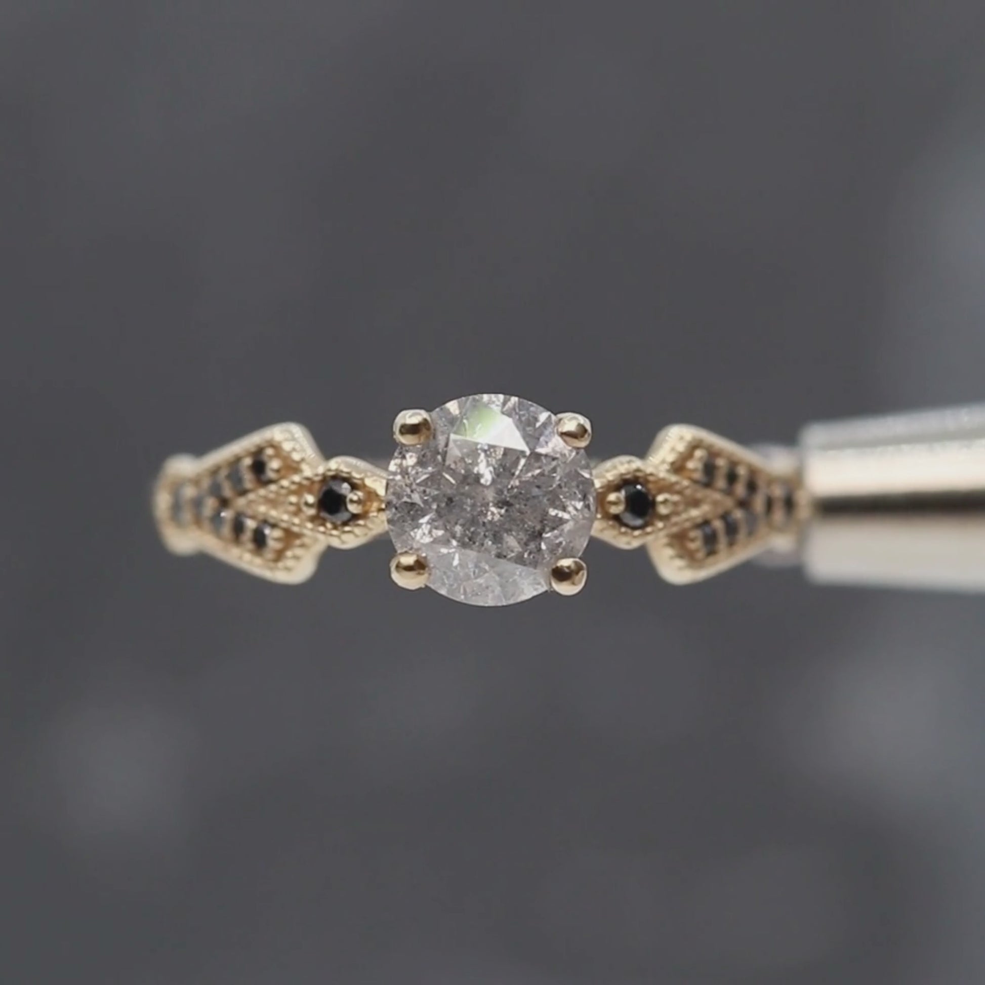 Darian Ring with a 1.06 Carat Gray Salt and Pepper Round Diamond and Black Accent Diamonds in 10k Yellow Gold - Ready to Size and Ship