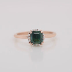 Astrid Ring with a 1.65 Carat Asscher Cut Teal Green Sapphire and White Accent Diamonds in 14k Rose Gold - Ready to Size and Ship