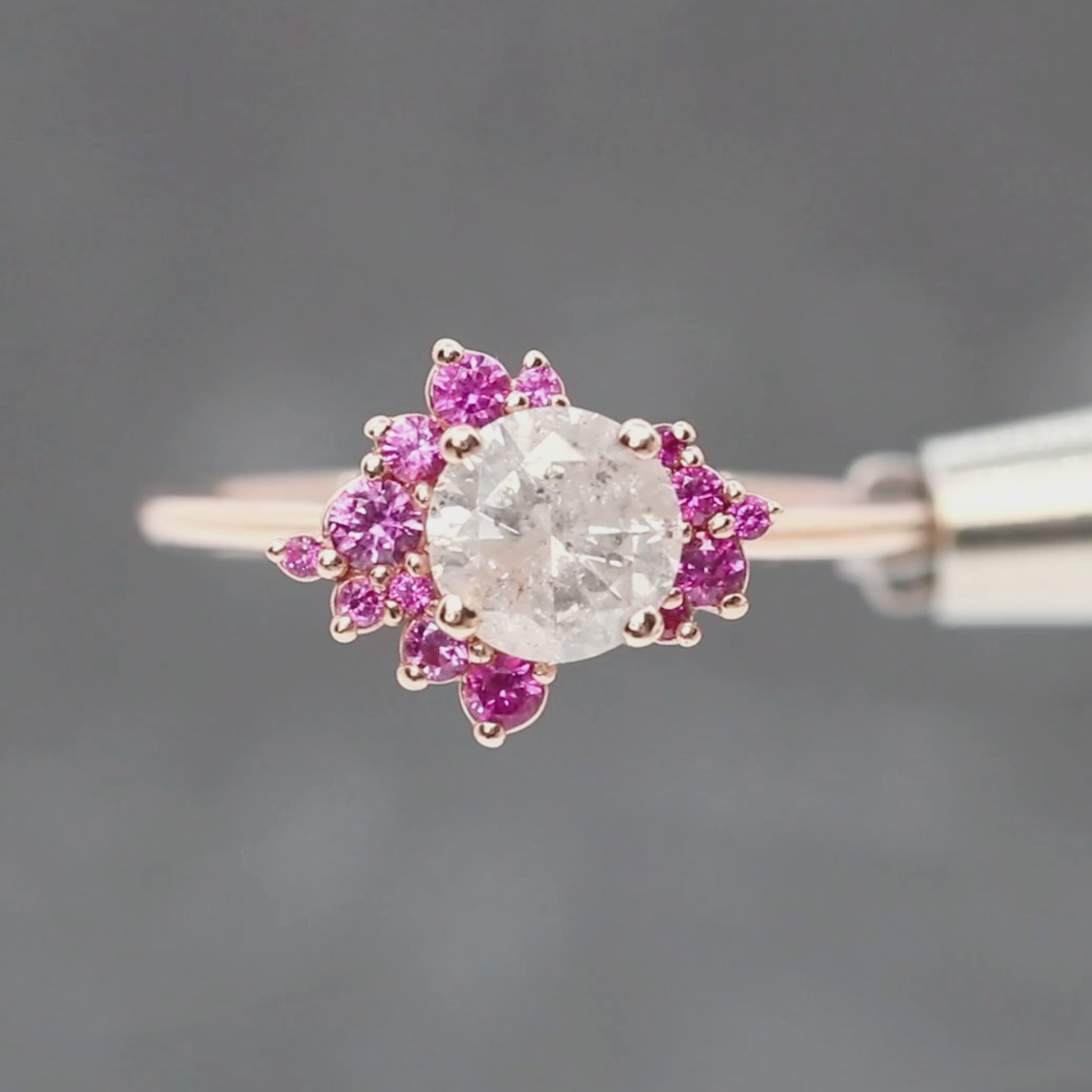 Orion Ring with a 1.02 Carat Round White Salt and Pepper Diamond and Pink Sapphire Accents in 14k Rose Gold - Ready to Size and Ship