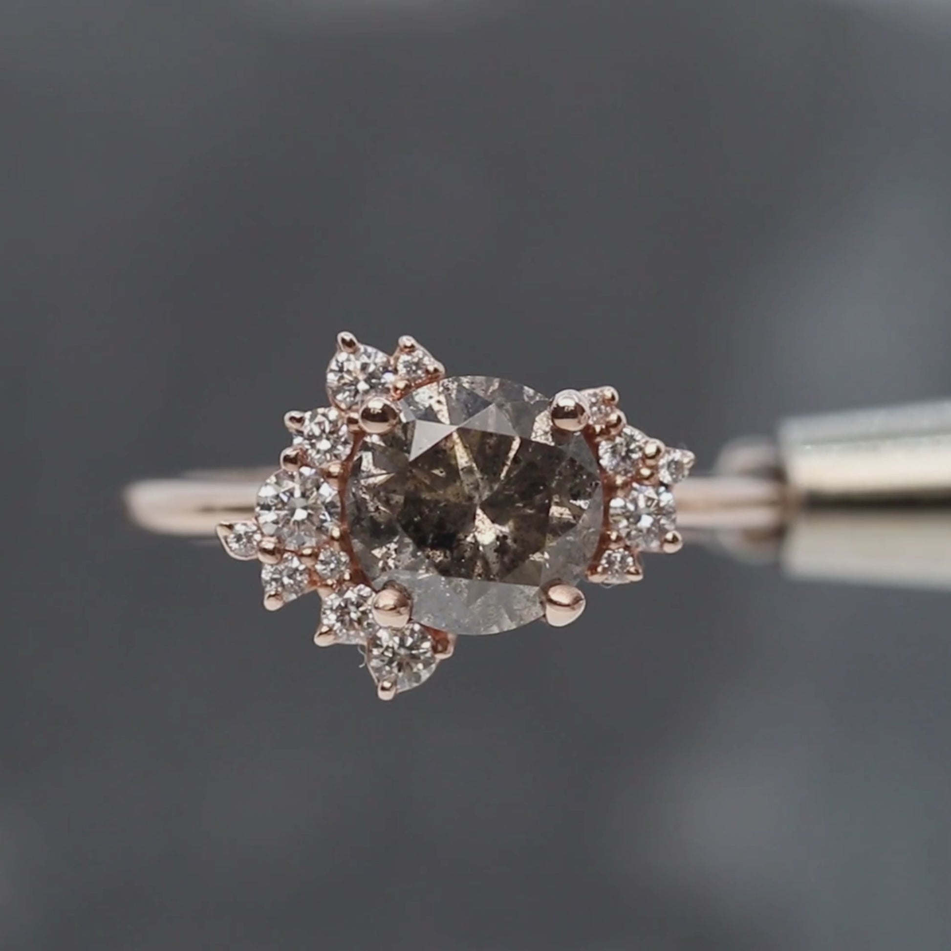 Orion Ring with a 1.72 Carat Dark Gray Salt and Pepper Round Diamond and White Accent Diamonds in 14k Yellow Gold - Ready to Size and Ship