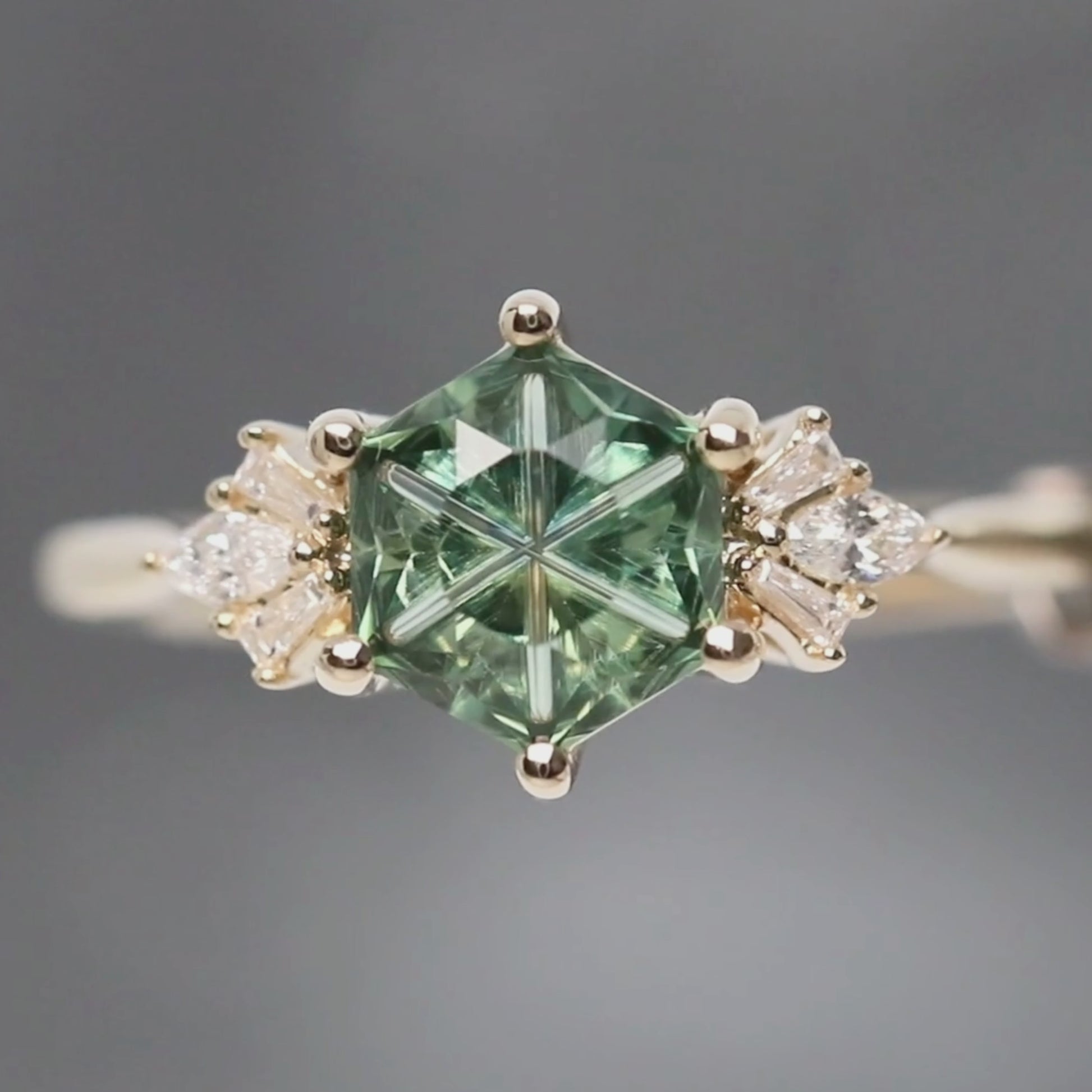 Ines Ring with a 1.36 Carat Fantasy Cut Teal Green Montana Sapphire and White Accent Diamonds in 14k Yellow Gold - Ready to Size and Ship