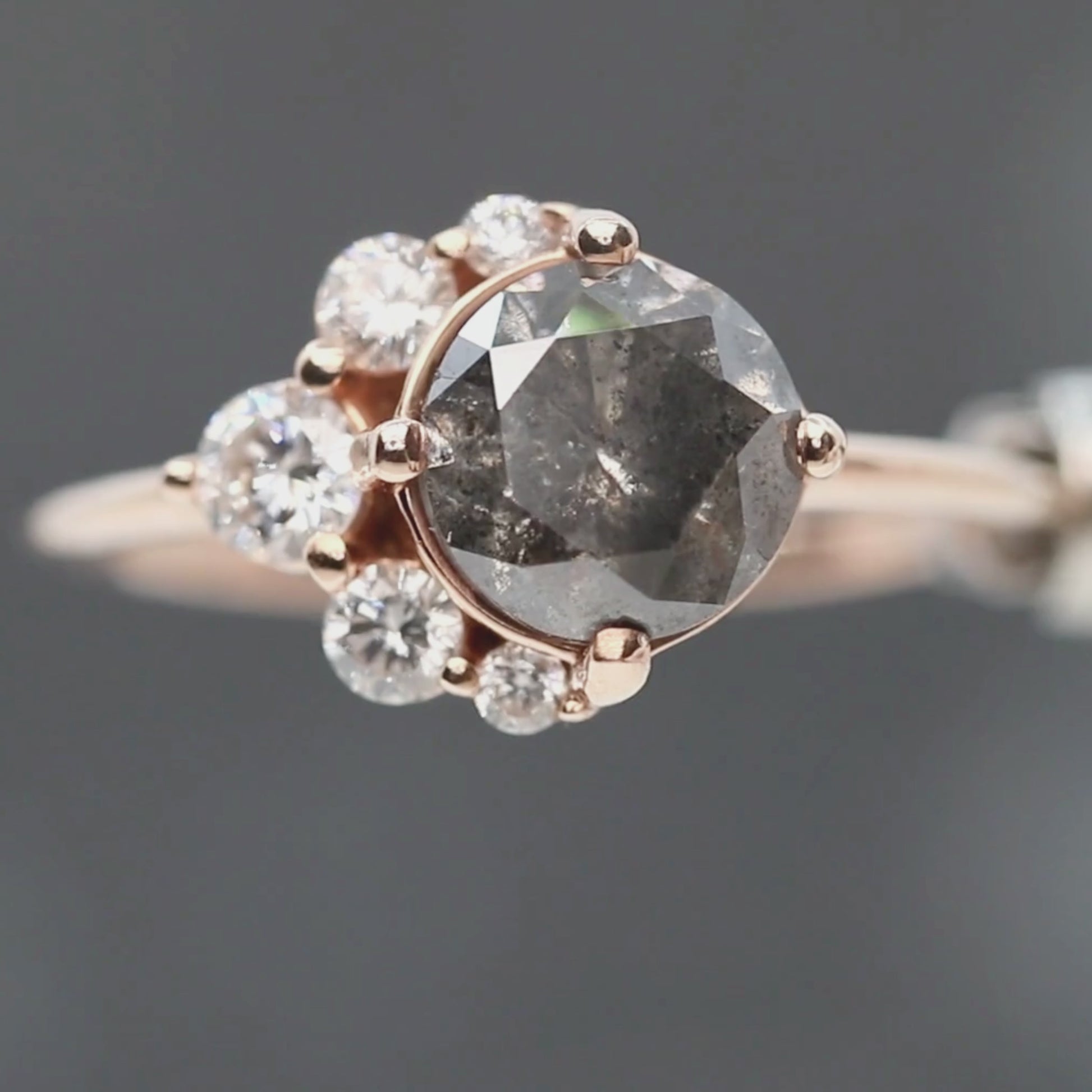 Carell Ring & Contour Band with a 1.98 Carat Round Black Salt and Pepper Diamond and White Accent Diamonds in 14k Rose Gold - Ready to Size and Ship