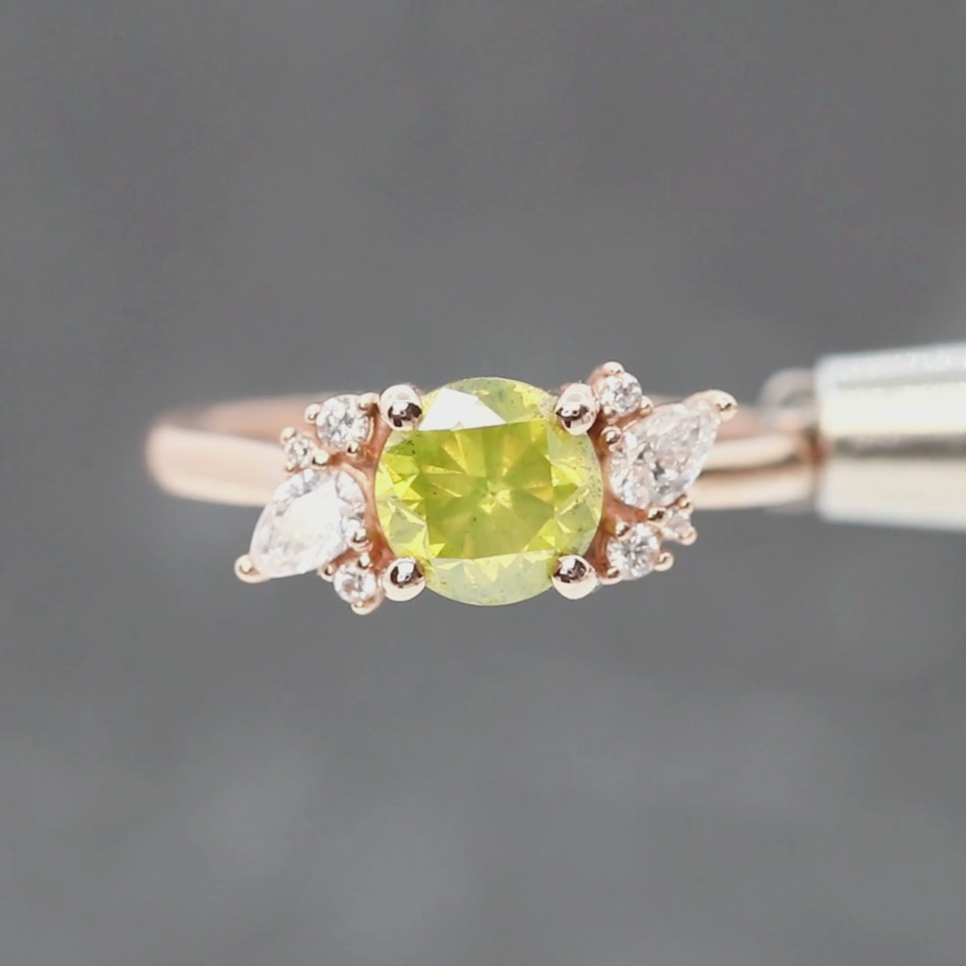 Sable Ring with a 1.38 Carat Yellow-Green Round Diamond and White Accent Diamonds in 14k Rose Gold - Ready to Size and Ship