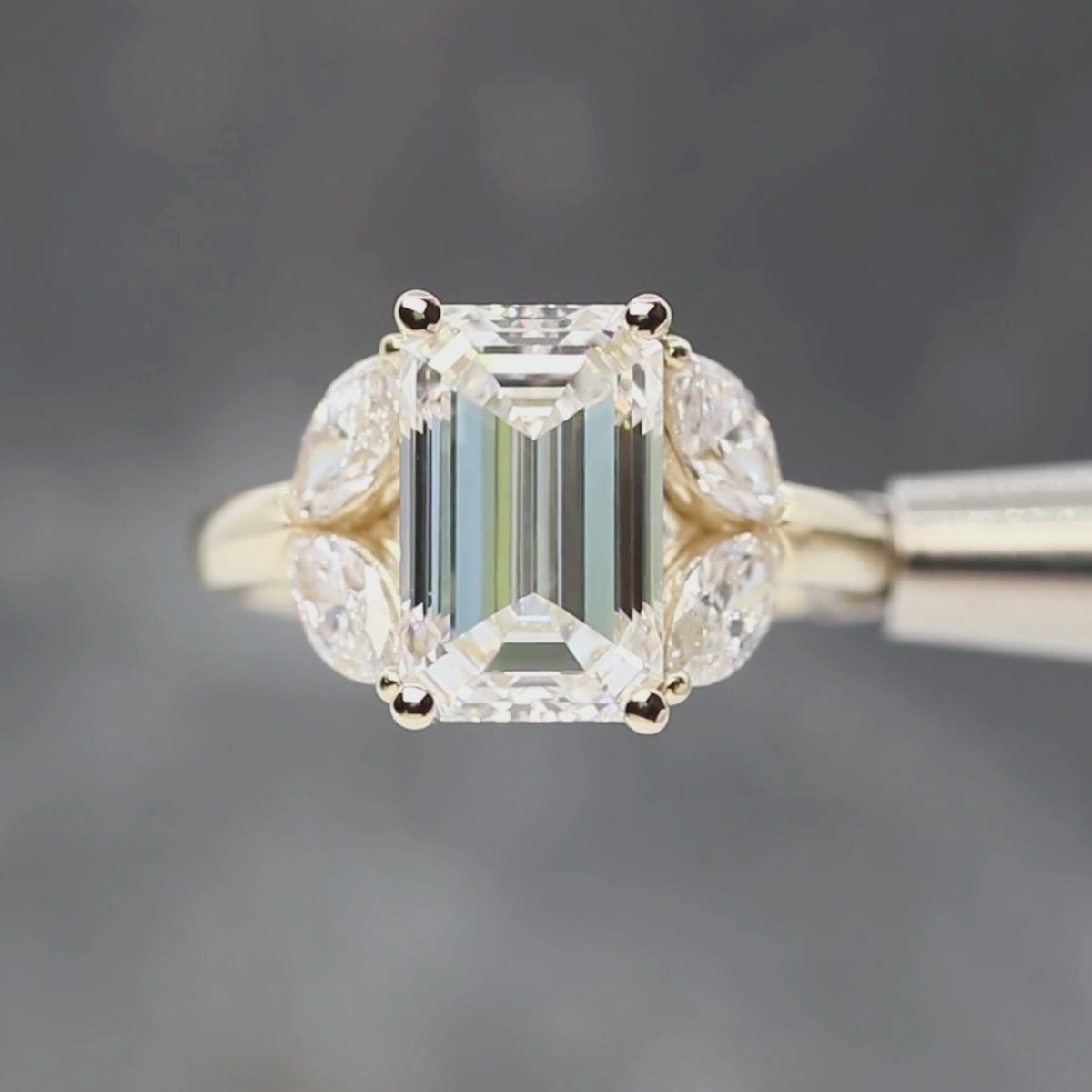 Marisol Ring with a 5.01 Carat Emerald Cut Lab Diamond and Marquise Accent Diamonds in 14k Yellow Gold - Ready to Size and Ship