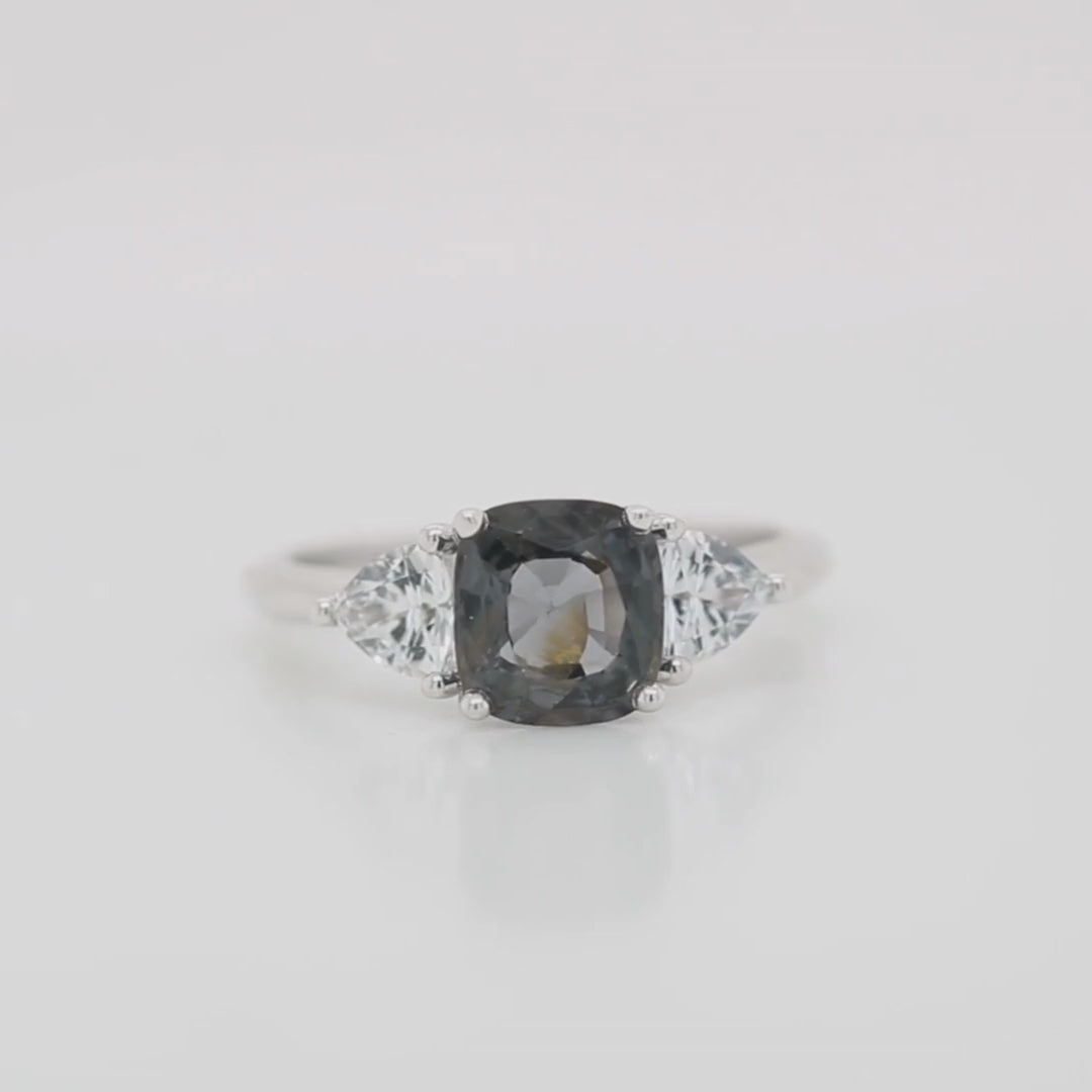 Nolen Ring with 1.98 Carat Cushion Cut Dark Purple Spinel and White Accent Sapphires in 14k White Gold - Ready to Size and Ship