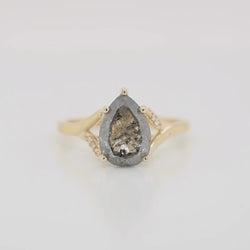 Kennedy Ring with a 2.70 Carat Clear Gray Pear Celestial Diamond and White Accent Diamonds in 14k Yellow Gold - Ready to Size and Ship
