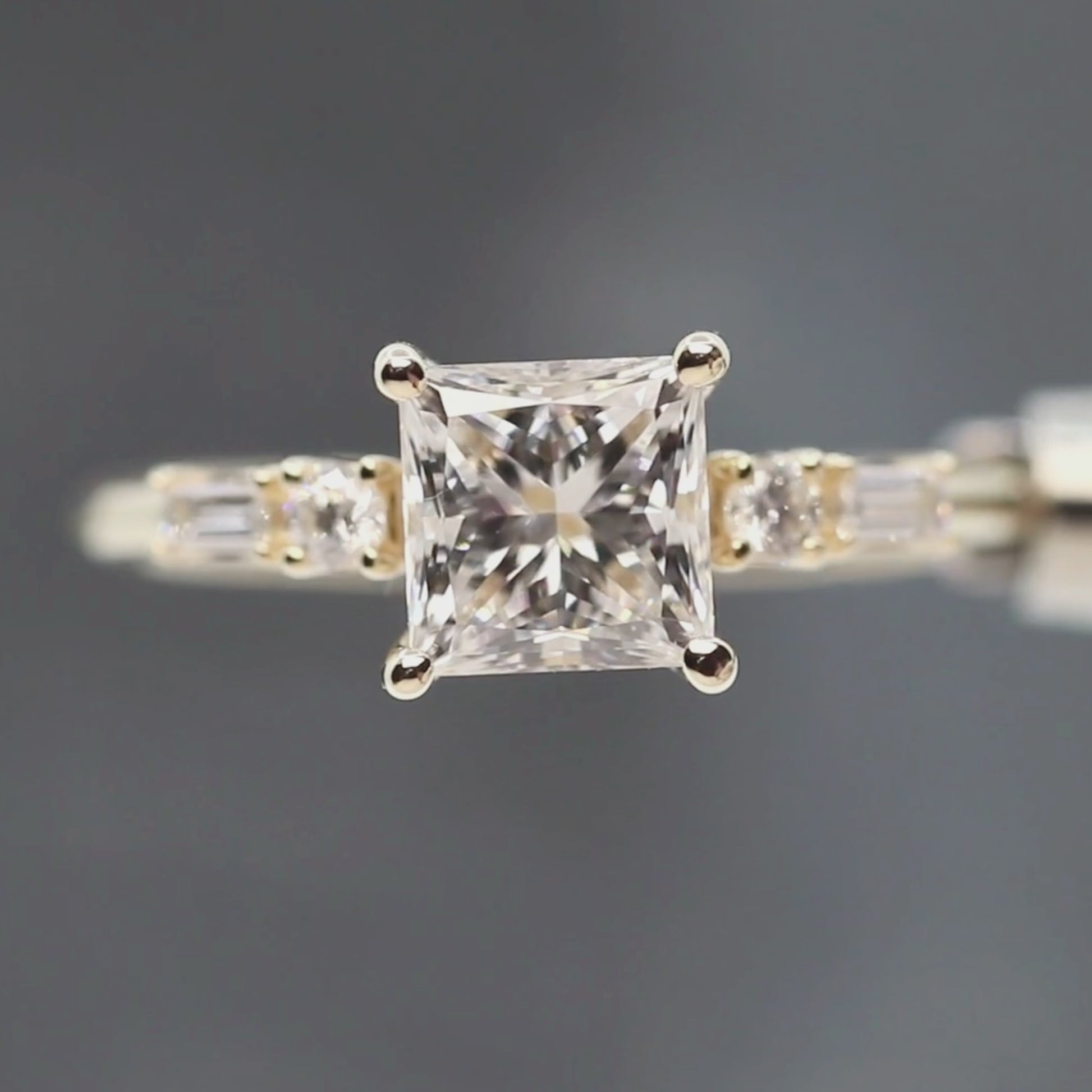 River Ring with a 1.69 Carat Princess Cut Lab Grown Diamond and White Accent Diamonds in 14k Yellow Gold - Ready to Size and Ship