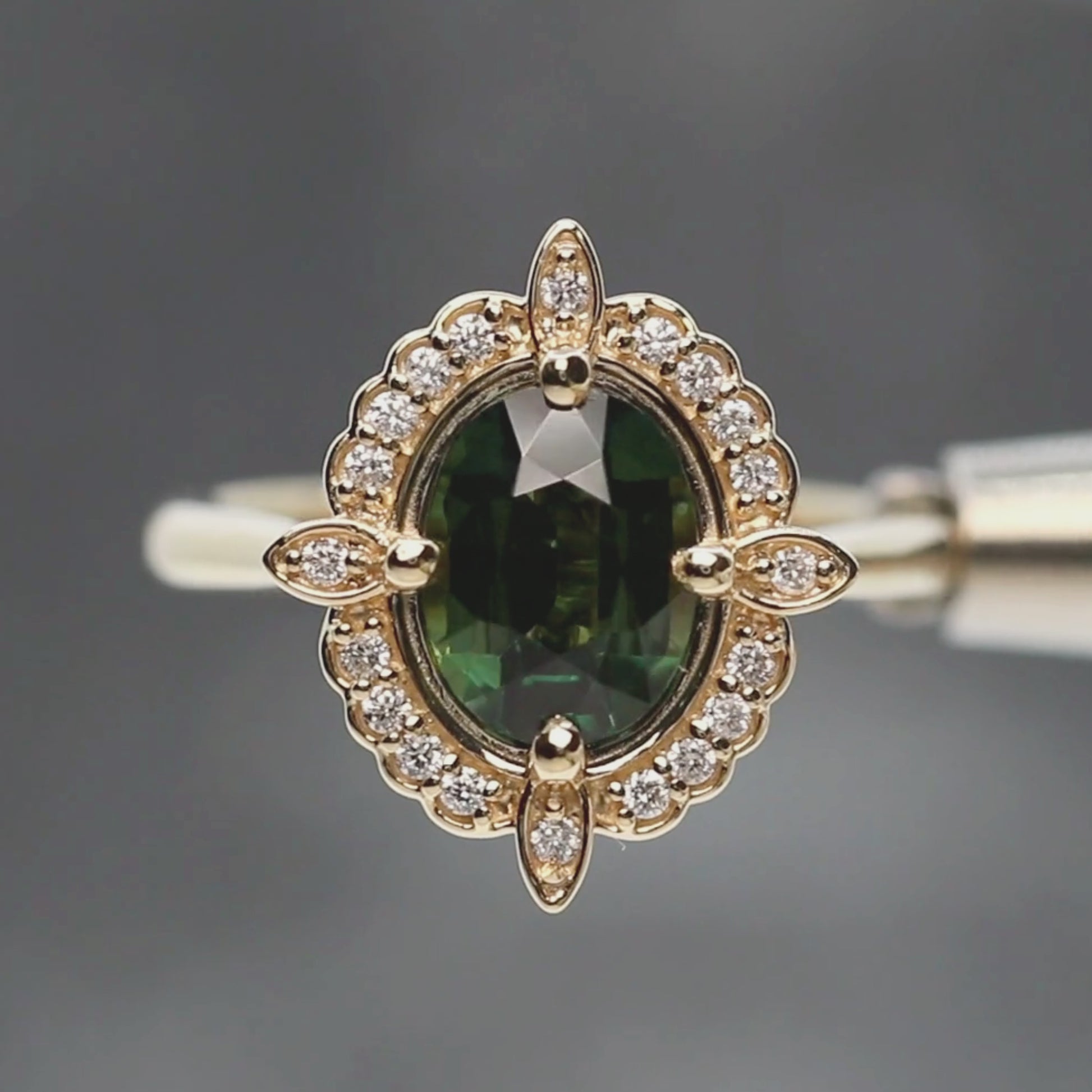 McKenzie Ring with a 2.18 Carat Green Oval Sapphire and White Accent Diamonds in 14k Yellow Gold - Ready to Size and Ship