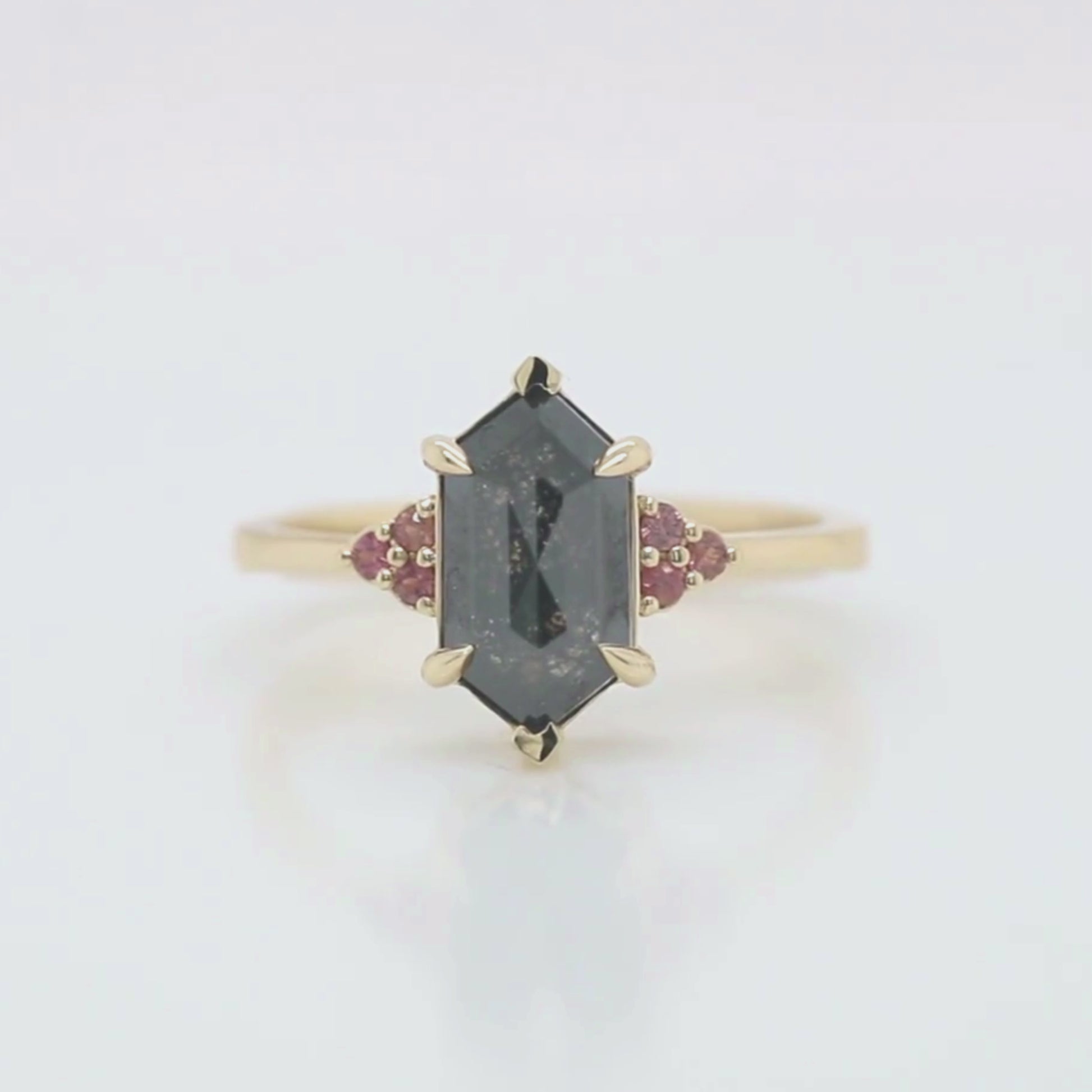 Imogene Ring with a 2.21 Carat Hexagon Black Salt and Pepper Diamond and Berry Sapphire Accents in 14k Yellow Gold - Ready to Size and Ship