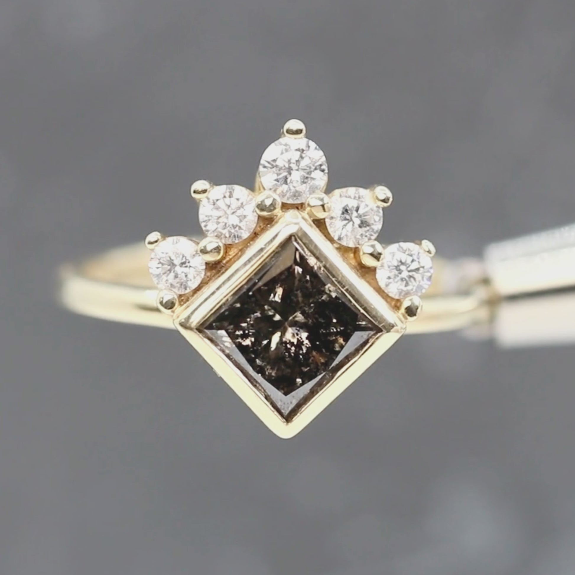 Ashlyn Ring with a 1.62 Carat Dark Champagne Salt and Pepper Princess Cut Diamond in 14K Yellow Gold - Ready to Size and Ship