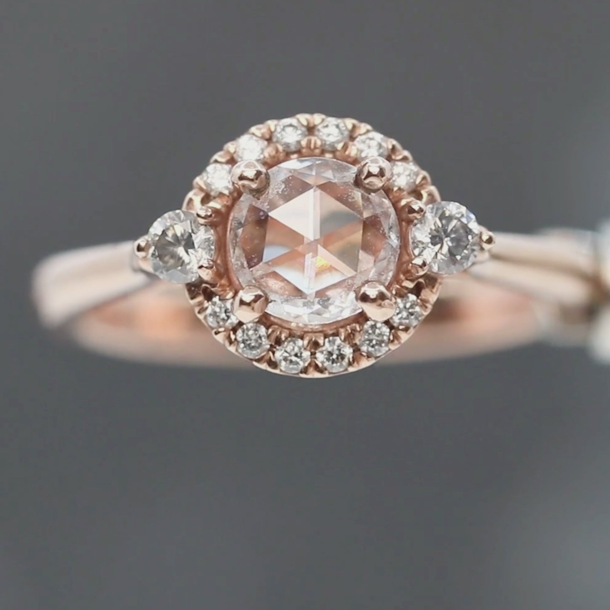 Vanessa Ring with 0.41 Carat Rose Cut Clear Round Diamond and White Diamond Accents in 10k Rose Gold - Ready to Size and Ship