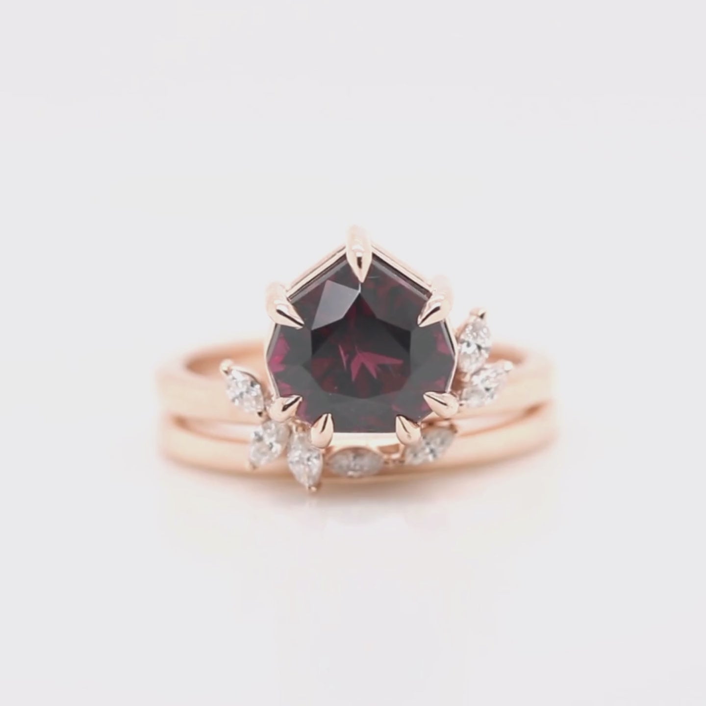 Chantell Ring with a 4.04 Carat Geometric Rhodolite Garnet and White Accent Diamonds in 14k Rose Gold with Matching Band - Ready to Size and Ship