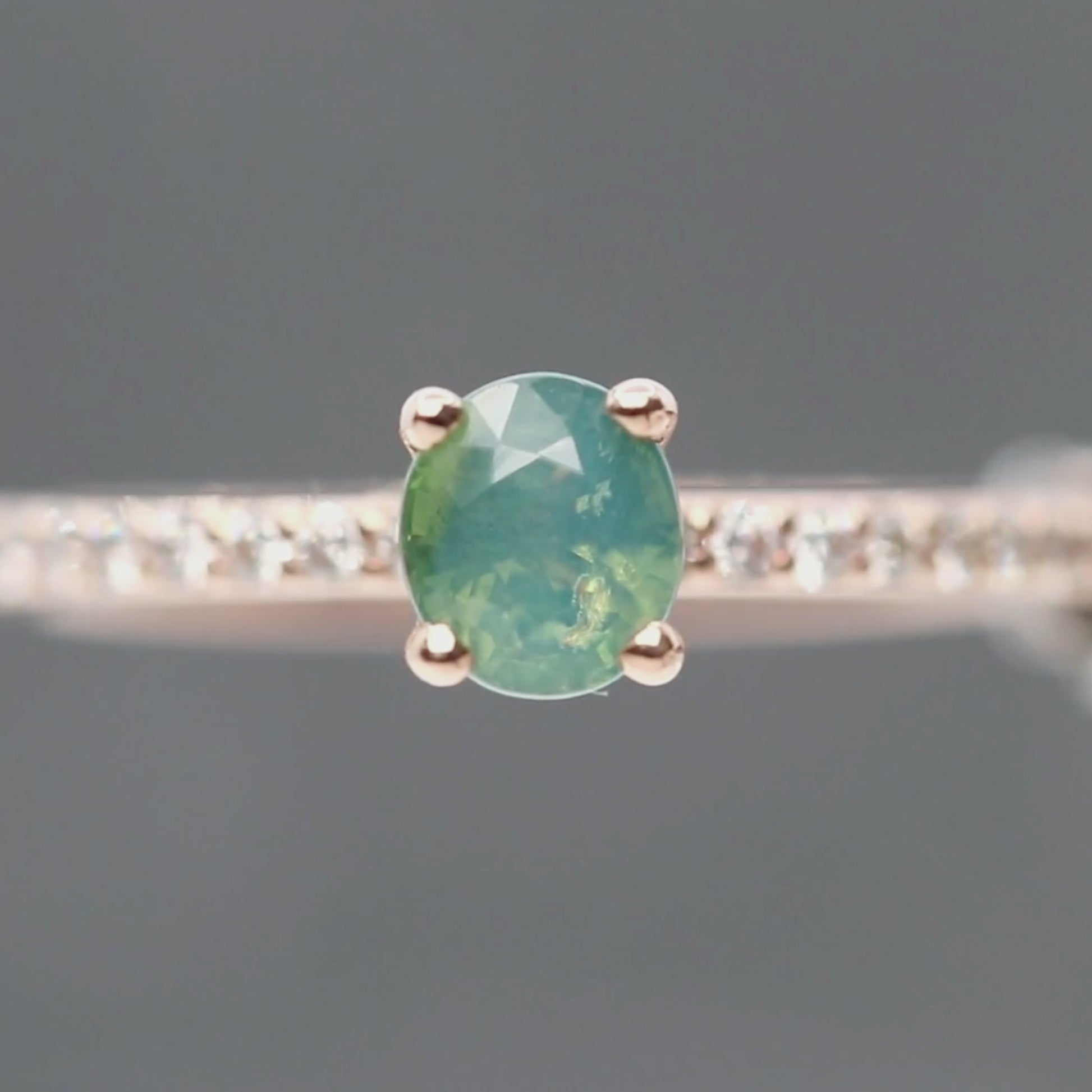 Gayle Ring with a 0.85 Carat Opalescent Teal Oval Sapphire and White Accent Diamonds in 14k Rose Gold - Ready to Size and Ship