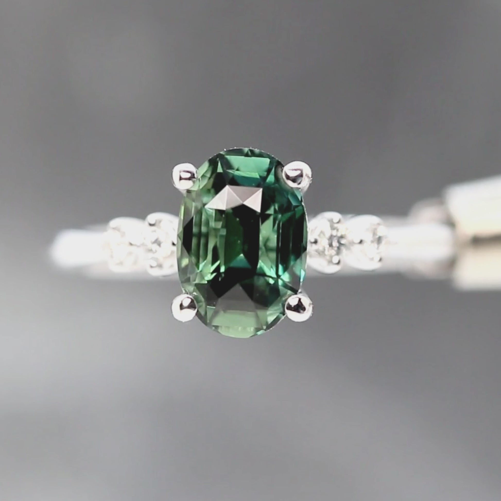Cordelia Ring with a 2.63 Carat Teal Oval Sapphire and White Accent Diamonds in 14k White Gold - Ready to Size and Ship