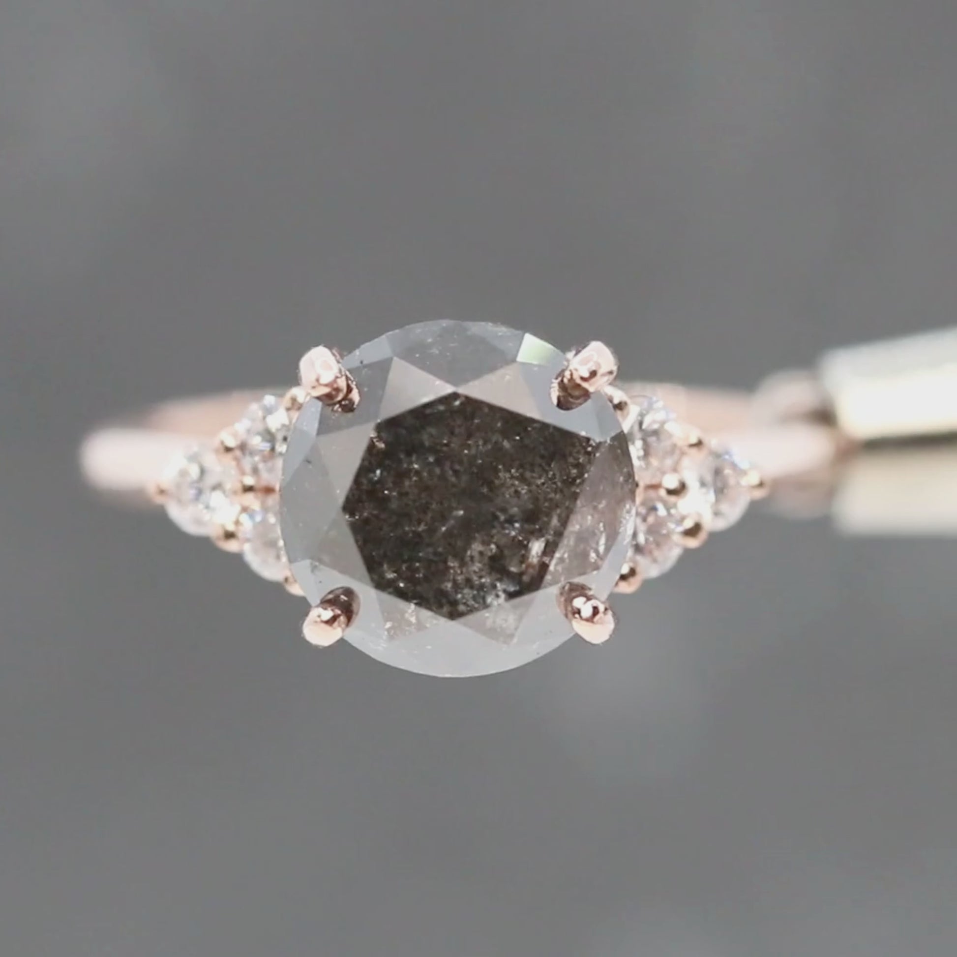 Aster Ring with a 4.84 Carat Dark Salt and Pepper Diamond and White Accent Diamonds in 14k Rose Gold - Ready to Size and Ship