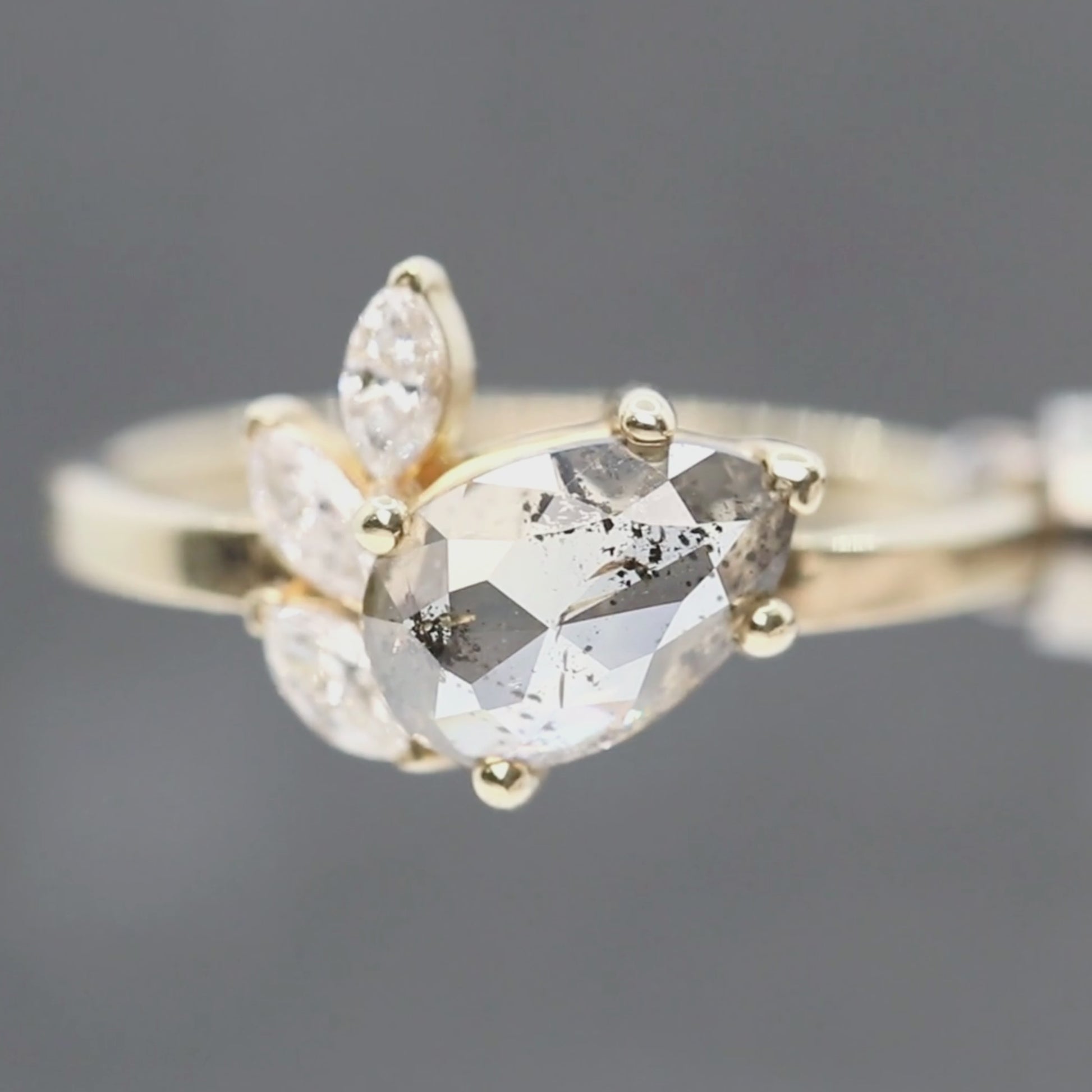 Alyssa Ring with a 1.47 Carat Dark and Clear Champagne Pear Diamond and White Accent Diamonds in 14k Yellow Gold - Ready to Size and Ship