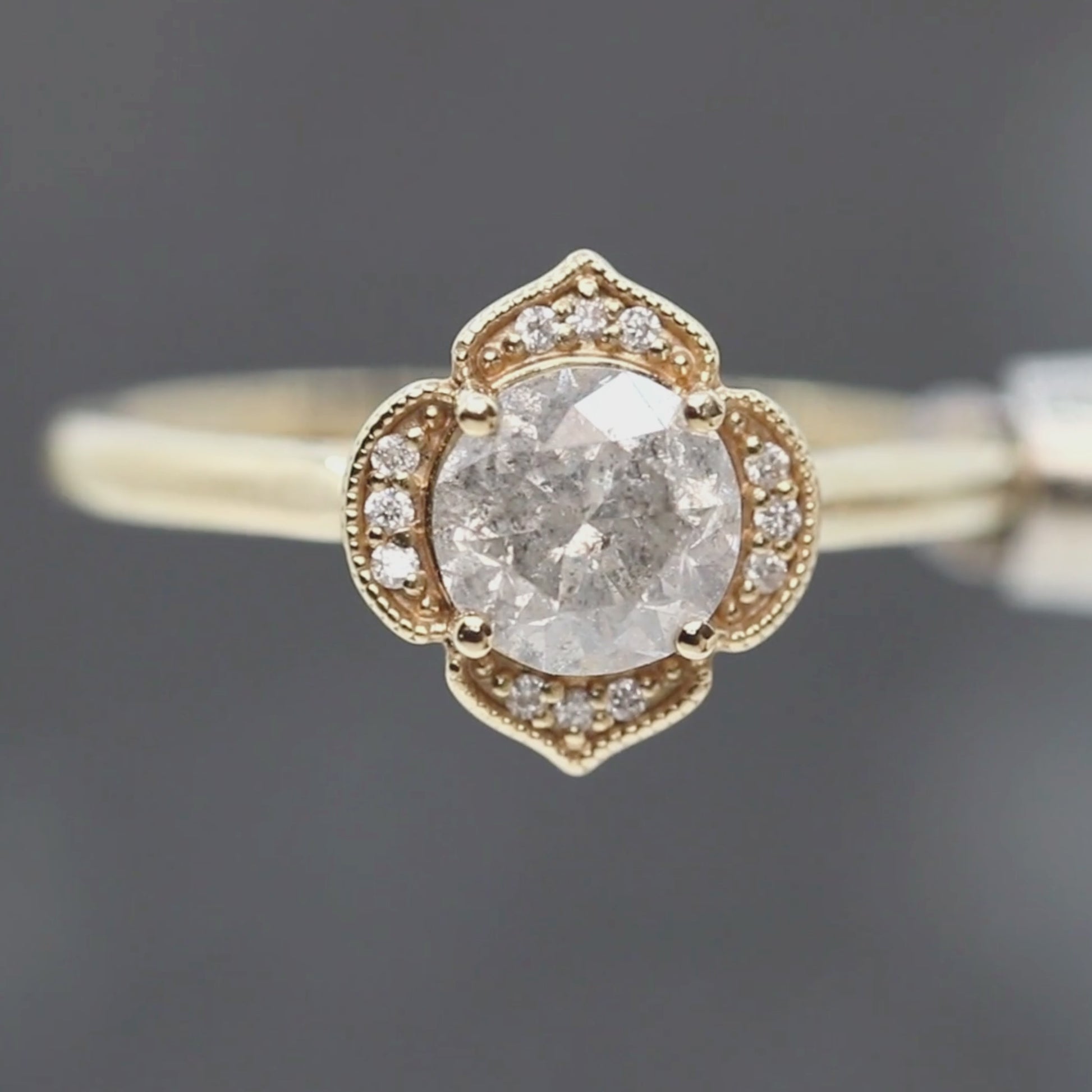 Clementine Ring with a 1.05 Carat Round Light Gray Salt and Pepper Diamond and White Accent Diamonds in 14k Yellow Gold - Ready to Size and Ship