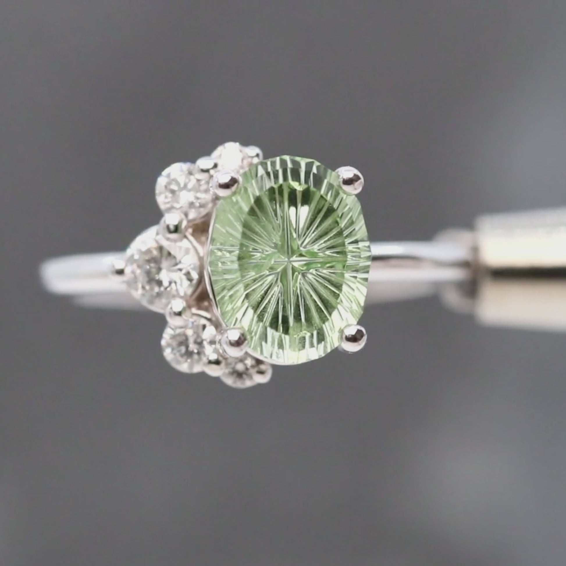 Carell Ring with a 2.72 Carat Fantasy Cut Oval Mint Green Montana Sapphire and White Canadian Accent Diamonds in 14k White Gold - Ready to Size and Ship