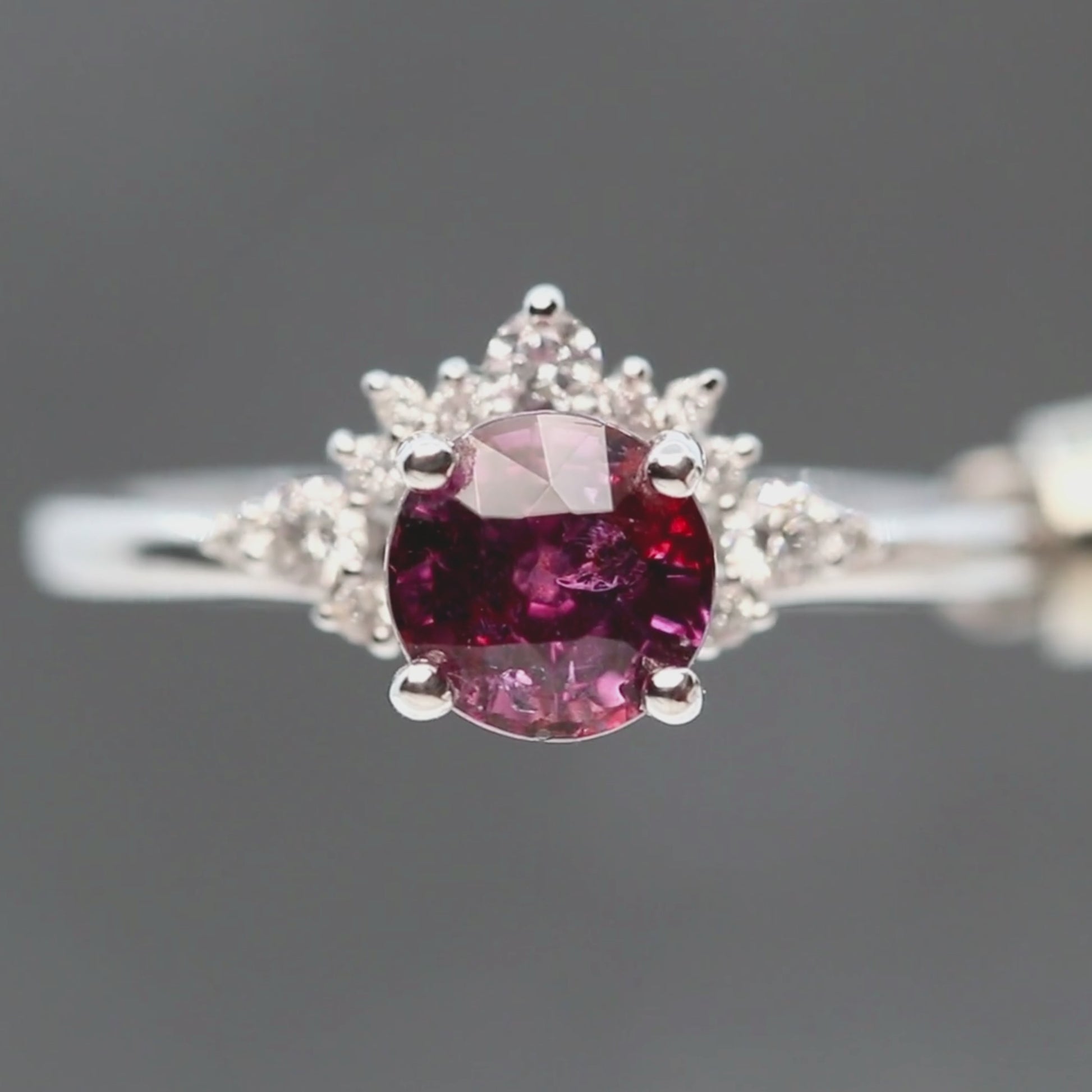 Athena Ring with a 1.72 Carat Round Berry Sapphire and White Accent Diamonds in 14k White Gold - Ready to Size and Ship