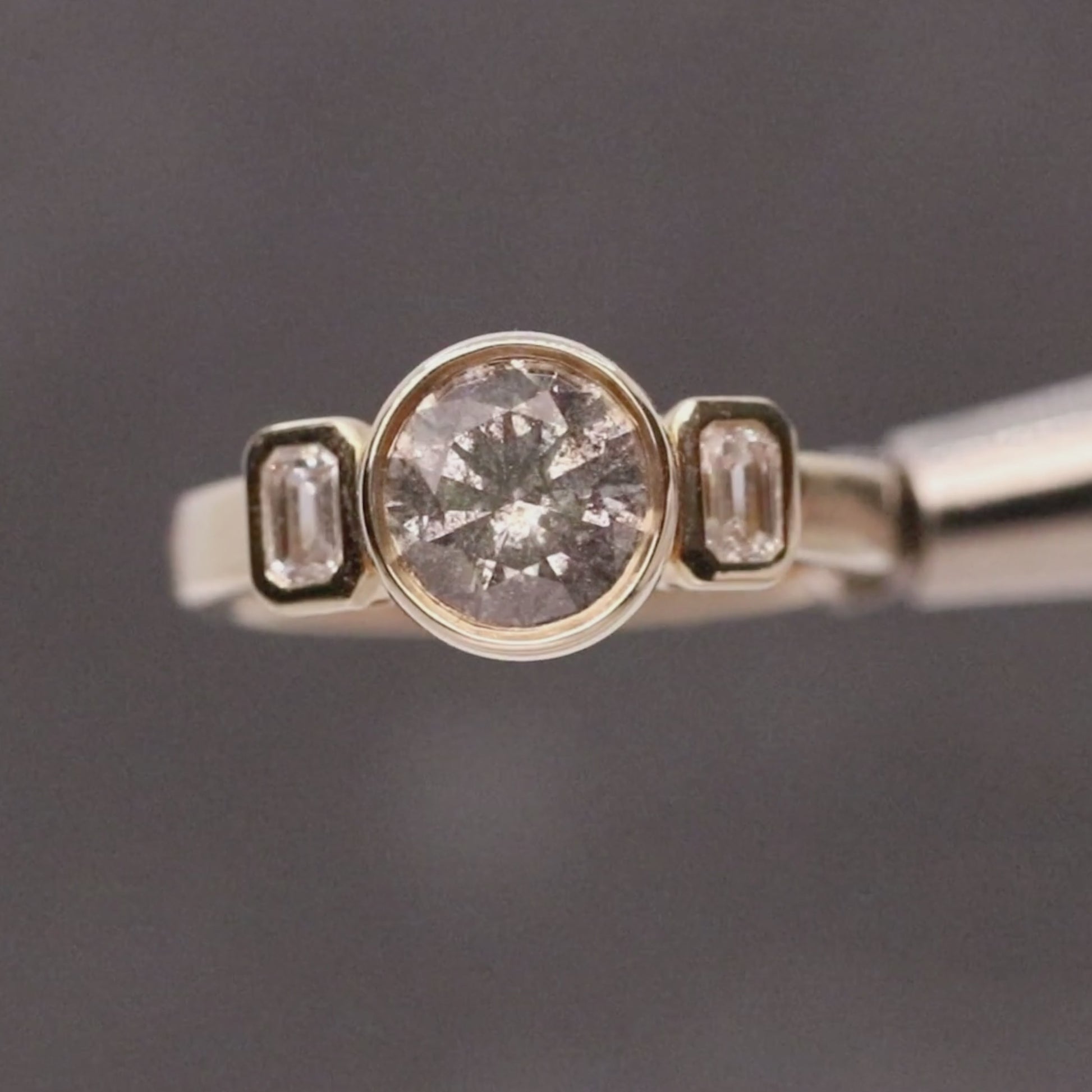 Ruta Ring with a 1.32 Carat Round Gray Salt and Pepper Diamond and Lab Grown Emerald Cut Accent Diamonds in 14k Yellow Gold - Ready to Size and Ship